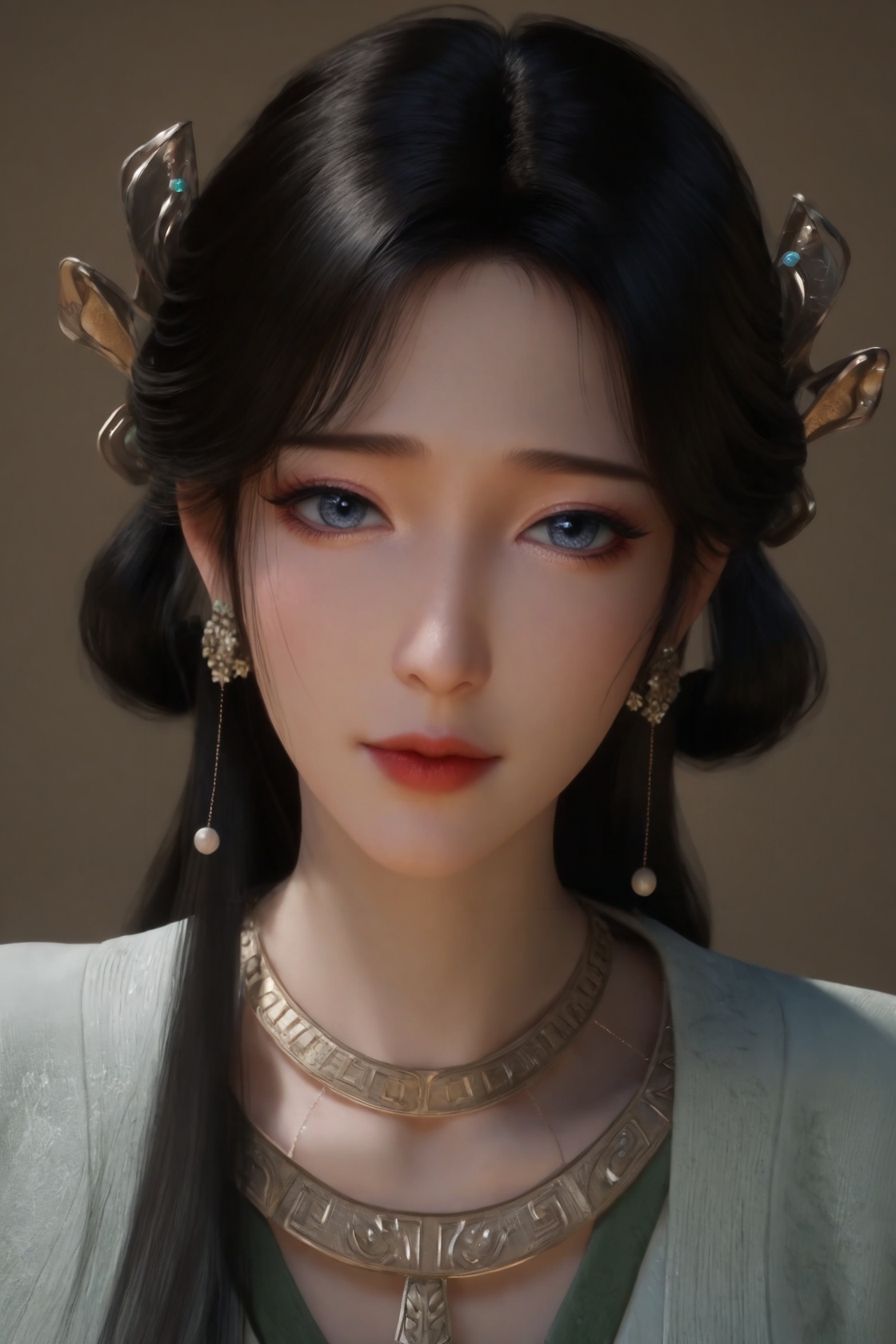 (score_9),upper body,looking at viewer,<lora:梅凝1-Apony:0.85>,mn,<lora:perfect eyes_v1:1>,bright pupils,1girl,solo,earrings,hair ornament,long hair,black hair,lipstick,light blush,hair beads,beads,mature,(mature_female),collarbone,glamor,large breasts,simple background,<lora:Expressive_H-000001:0.8>,(fair_skin),(white_skin),