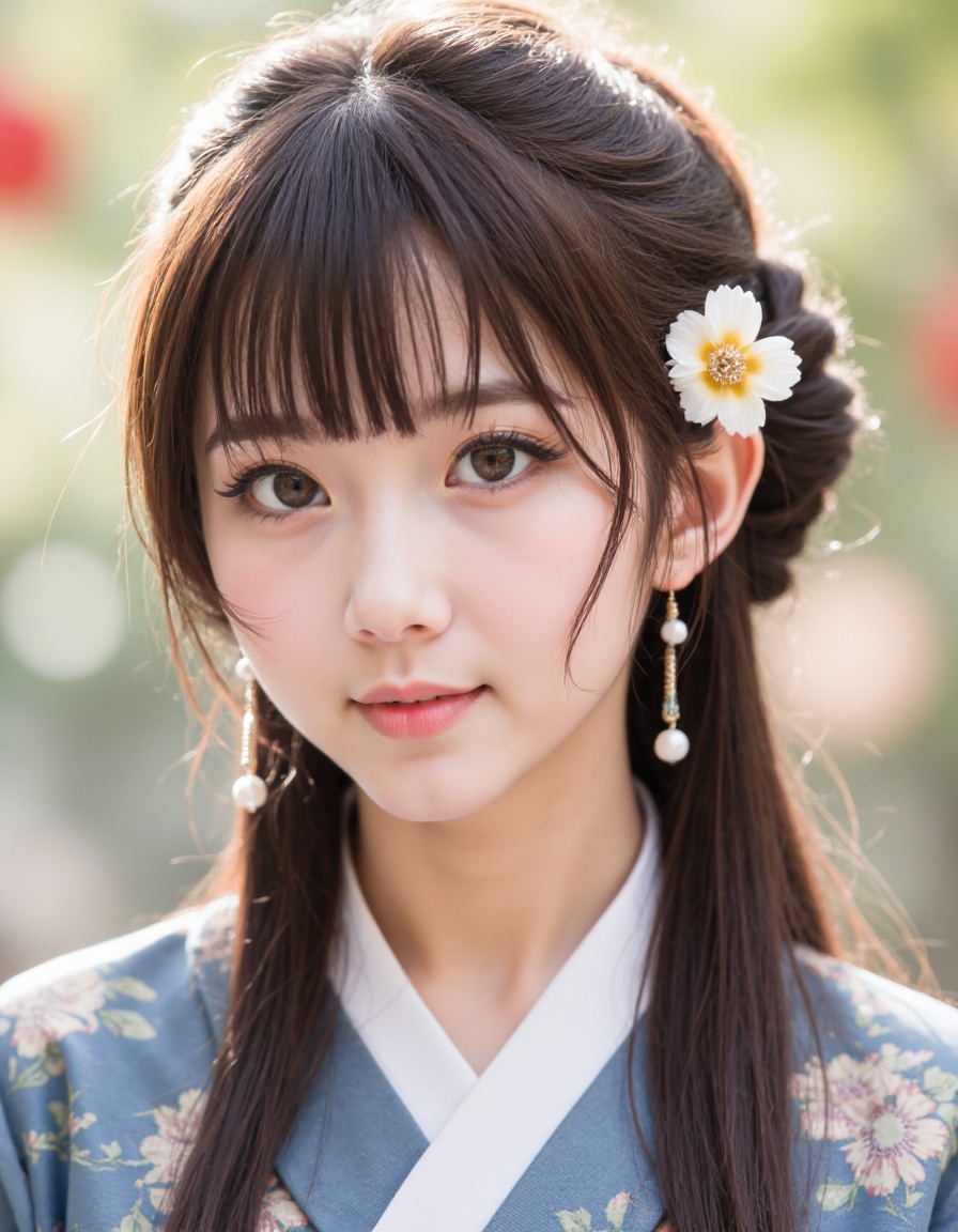 1girl, solo, earrings, jewelry, realistic, looking at viewer, long hair, brown hair, hair ornament, flower, hair flower, hair bun, upper body, closed mouth, chinese clothes, outdoors,