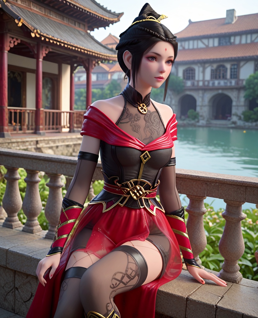 (oriental architecture, elegant decor, sophisticated style:1.1),(Leaning against a railing, gazing into the distance,:1.1),(breasts:1.2),<lora:XL斗破苍穹琥嘉:0.95>,miss hujia,black corset,sash,red see-through miniskirt,red shawl,makeup,purple eyes,forehead mark,black hair,sidelocks,hair bun,purple lipstick,eyeshadow,elbow gloves,black thighhighs,black boots,fishnets,, score_9,score_8_up,score_7_up,score_6_up,score_5_up,score_4_up,3d rendering,tag1,tag2, Cinematic Lighting,backlighting,