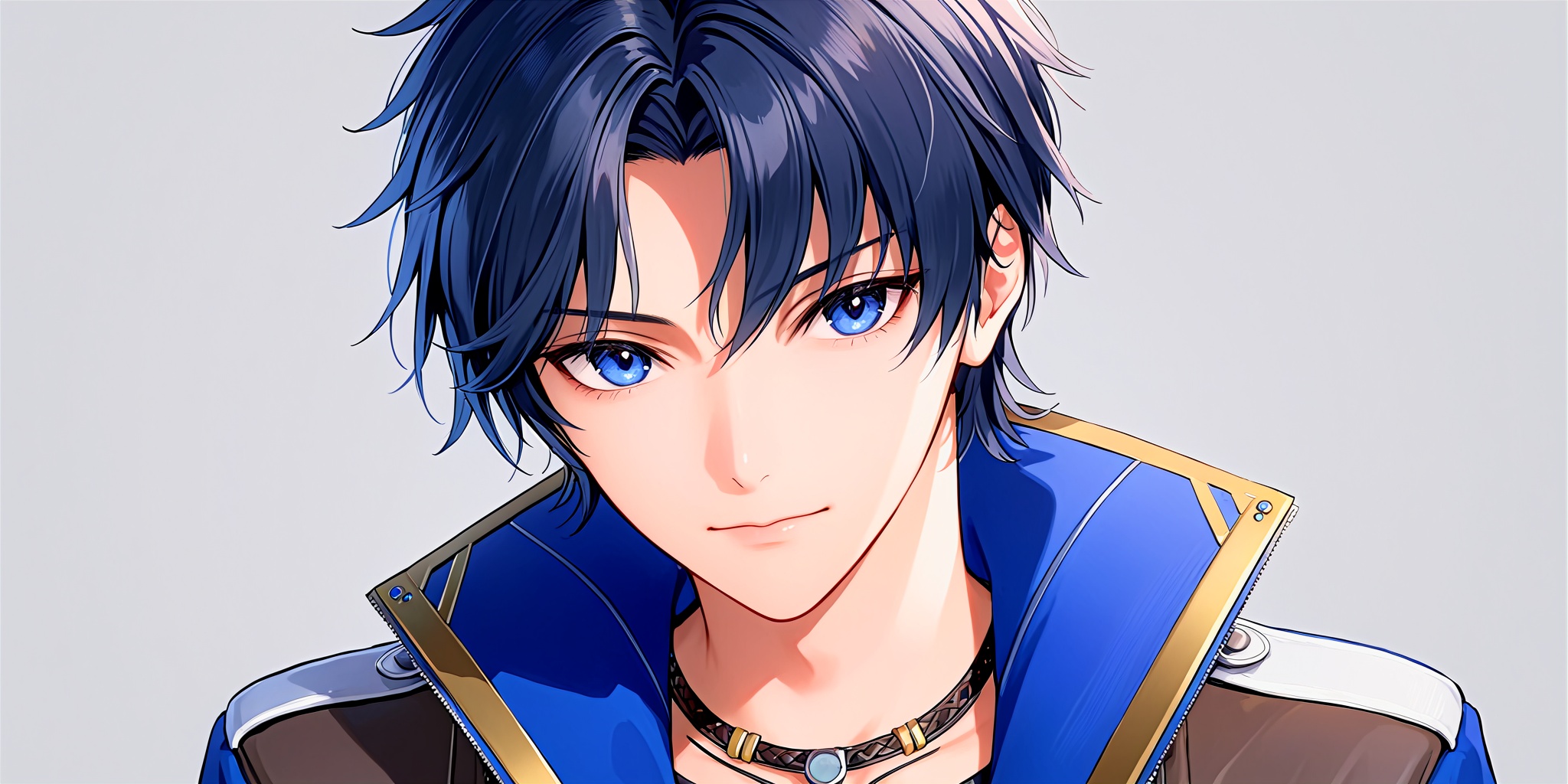 masterpiece,best quality,illustration,anime,simple_background,upper_body,solo,1boy,teenager,male focus,black hair,jewelry,jacket,looking at viewer,blue jacket,cropped jacket,<lora:XL青年唐三:0.7>,
