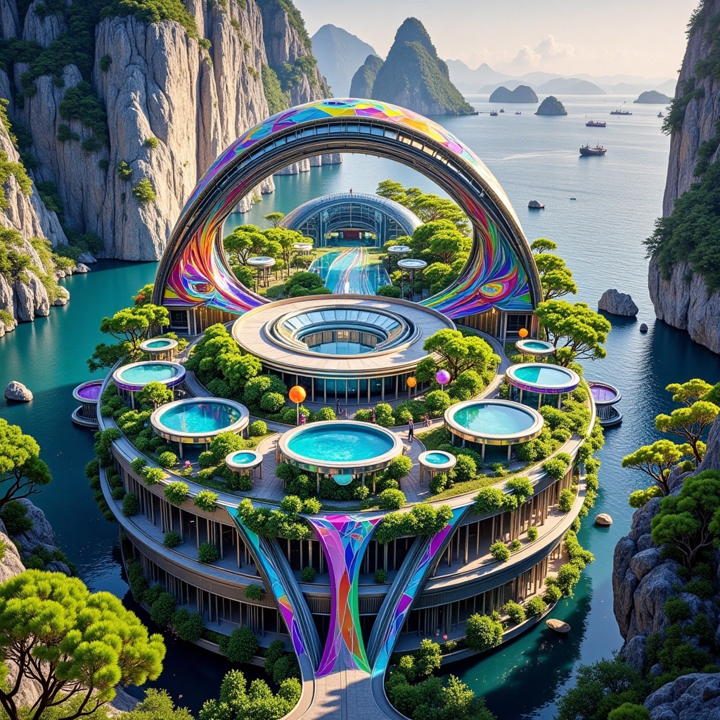 Dreamwave art,landscape,Fluid landscape,Holographic architecture,Stained glass mosaic,rainbow colored,Colorful strange line illustration,MTLH,ultra-detailed image, vibrant color scheme, opulent ultra-modern glass-and-steel minimalist home, precarious cliff in Phang Nga Bay, Thailand, stunning ocean views, expansive windows reflecting nature, lush greenery surrounding, remnants of sophisticated secret scientific facility, unique architecture blending with landscape, dramatic lighting highlighting structural elements, serene yet awe-inspiring atmosphere,
