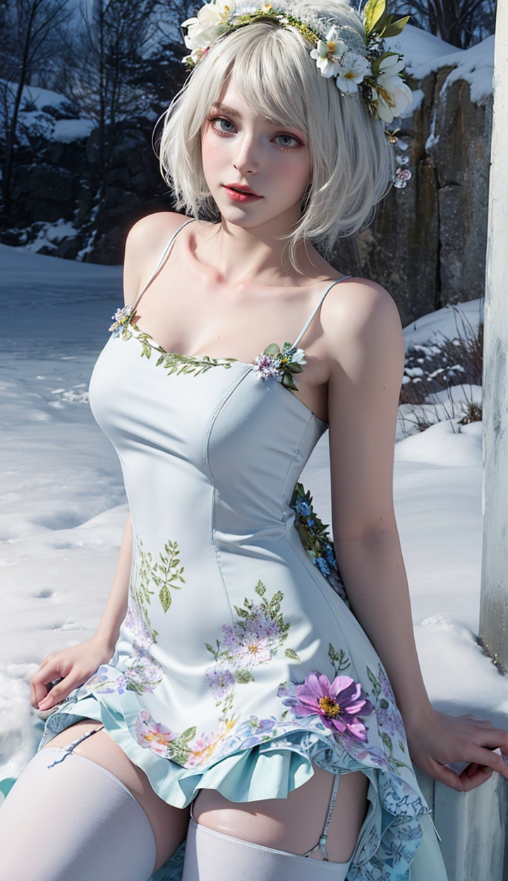 masterpiece,highres,1girl,solo,sfw,<lora:add_detail:0.3>,thighhighs,((beautiful Dress+stocking):1.25),((flower headdress:1.45)),((white theme:1.5)),snow,outdoors,snowflakes,sleeveless,3D graphics,looking_at_viewer,front view,dynamic pose,ashley,<lora:ashleyre4r-000005:0.7>,