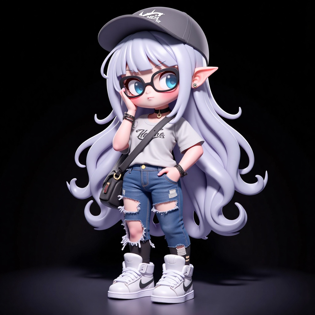 hezi, 3d, Bubble Mart, rich color, q version, 1girl, solo, torn pants, hat, long hair, ear piercing, shoes, piercing, torn clothes, white footwear, jewelry, glasses, blue eyes, shirt, chibi, torn jeans, earrings, pants, full body, baseball cap, choker, bag, sneakers, denim, hand in pocket, looking at viewer, black choker, bracelet, grey hair, jeans, t-shirt, white shirt, standing, stud earrings, short sleeves, clothes writing, bangs, blush, black background, grey shirt, closed mouth, inkling, black-framed eyewear, very long hair, simple background, grey headwear, earclip, tentacle hair, white hair, multiple earrings, round eyewear, hand on own face, gradient background, gradient, shadow, print shirt, over-rim eyewear, black pants, lips, socks, thick eyebrows, pointy ears, nike, artist name, hand up