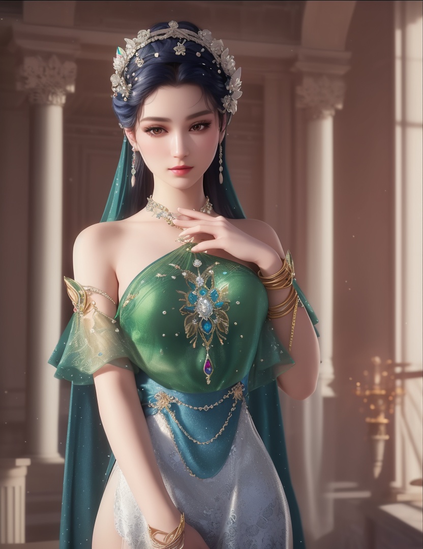 ultra realistic 8k cg, picture-perfect face, flawless, clean, masterpiece, professional artwork, famous artwork, cinematic lighting, cinematic bloom, perfect face, beautiful face, fantasy, dreamlike, unreal, science fiction,  beautiful clothes, lace, lace trim, lace-trimmed legwear,  (rich:1.4), prestige, luxury, jewelry, diamond, gold, pearl, gem, sapphire, ruby, emerald, intricate detail, delicate pattern, charming, alluring, seductive, erotic, enchanting, hair ornament, necklace, earrings, bracelet, armlet,halo((,1girl, pov,))(((,  1girl,  solo,looking at viewer, ))),(((1girl, solo, dress, jewelry)))<lora:DA_WhiteSnakeGreenSnake:0.7>