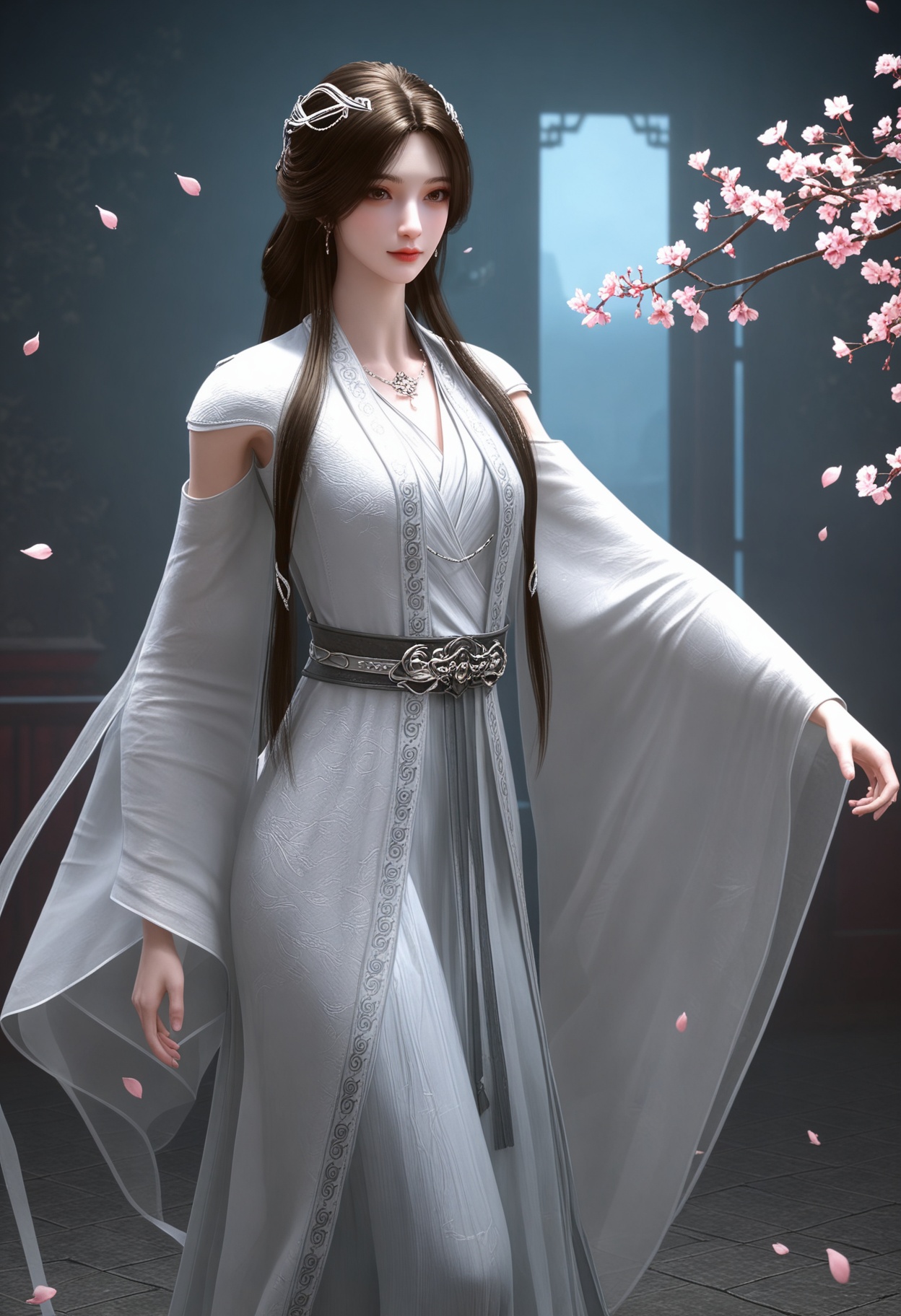 (standing full_body:1.1),(looking at viewer:1.1),masterpiece,(best quality),smog,Dark room,dim lighting,peach blossom,falling petals,<lora:YQ_Illustrious光辉v5_雨馨2.0_V2:0.8>,q1528437228,1girl,solo,long hair,hair ornament,jewelry,earrings,dress,brown hair,white dress,necklace,black hair,brown eyes,chinese clothes,long sleeves,detached sleeves,wide sleeves,hair bun,