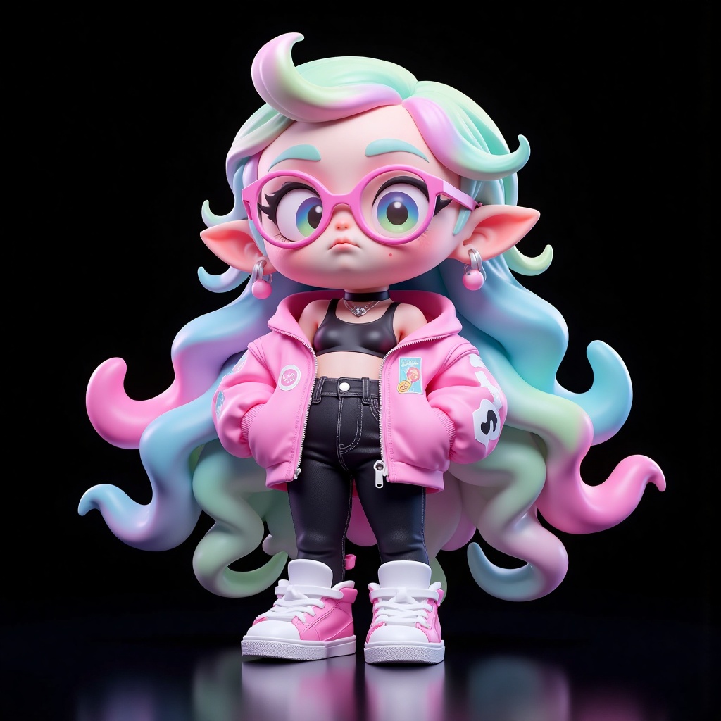 hezi, 3d, Bubble Mart, rich color, q version, 1girl, jacket, solo, tentacle hair, shoes, pants, jewelry, earrings, pink jacket, hands in pockets, glasses, full body, sneakers, open jacket, looking at viewer, open clothes, white footwear, mole, pink hair, long hair, very long hair, black pants, mole under mouth, breasts, black choker, standing, small breasts, choker, closed mouth, thick eyebrows, multicolored hair, off shoulder, makeup, green hair, reflection, black background, pointy ears, long sleeves, shirt, artist name, chibi, pink footwear, ahoge, pink-framed eyewear, aqua hair, pink skin, short hair, reflective floor, simple background, zipper, zipper pull tab, blue eyes, curly hair, octarian, sleeveless, letterman jacket, bare shoulders, denim, unzipped, gradient hair, black shirt, prehensile hair, eyelashes, green eyes, eyeshadow, blue hair, jeans, short eyebrows