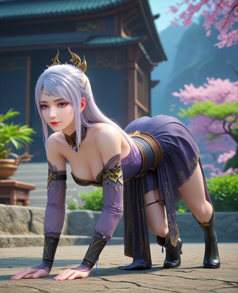 (oriental architecture, elegant decor, sophisticated style:1.1),Bending down to smell a flower, expressing a moment of joy and appreciation,,(breasts:1.2),<lora:XL16大主宰洛璃:0.95>,miss luoli,purple short dress paired with black peplum overskirt,blue eyes,white hair,long hair,half-up ponytail with long cascading hair,hair ornament,detached collar,jewelry,sash,black high heel boots,, zPDXL2, score_9, score_8_up, score_7_up BREAK realistic, masterpiece,best quality, highly detailed,, zPDXL3, zPDXL2,zPDXL, zPDXLxxx, zPDXLrl,