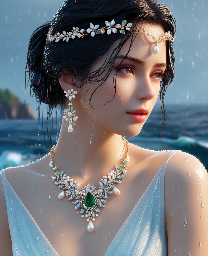 <lora:592-DA-XL-星辰变-姜立:0.8>(,1girl, ,best quality, ),looking at viewer, ,ultra detailed 8k cg, ultra detailed background, ultra realistic 8k cg,  ,masterpiece((((1girl, solo,  , ,solo focus, wet,sweat, ocean,rain, water drop, )))) (, , sweatdrop, flying sweatdrops, sweating profusely,colorful drop \(module\), )   clean, masterpiece,     cinematic lighting, cinematic bloom,   , unreal, science fiction, luxury, jewelry, diamond, gold, pearl, gem, sapphire, ruby, emerald, intricate detail, delicate pattern, charming, alluring, seductive, erotic, enchanting, hair ornament, necklace, earrings, bracelet, armlet,halo,