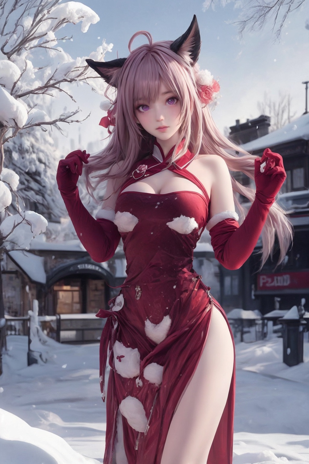 Astolfo,pink haur,purple eyes,femboy,background,snow,city,<lora:qipao:0.7>,qipao,Velvet,(flower:1.3),Santa suit,