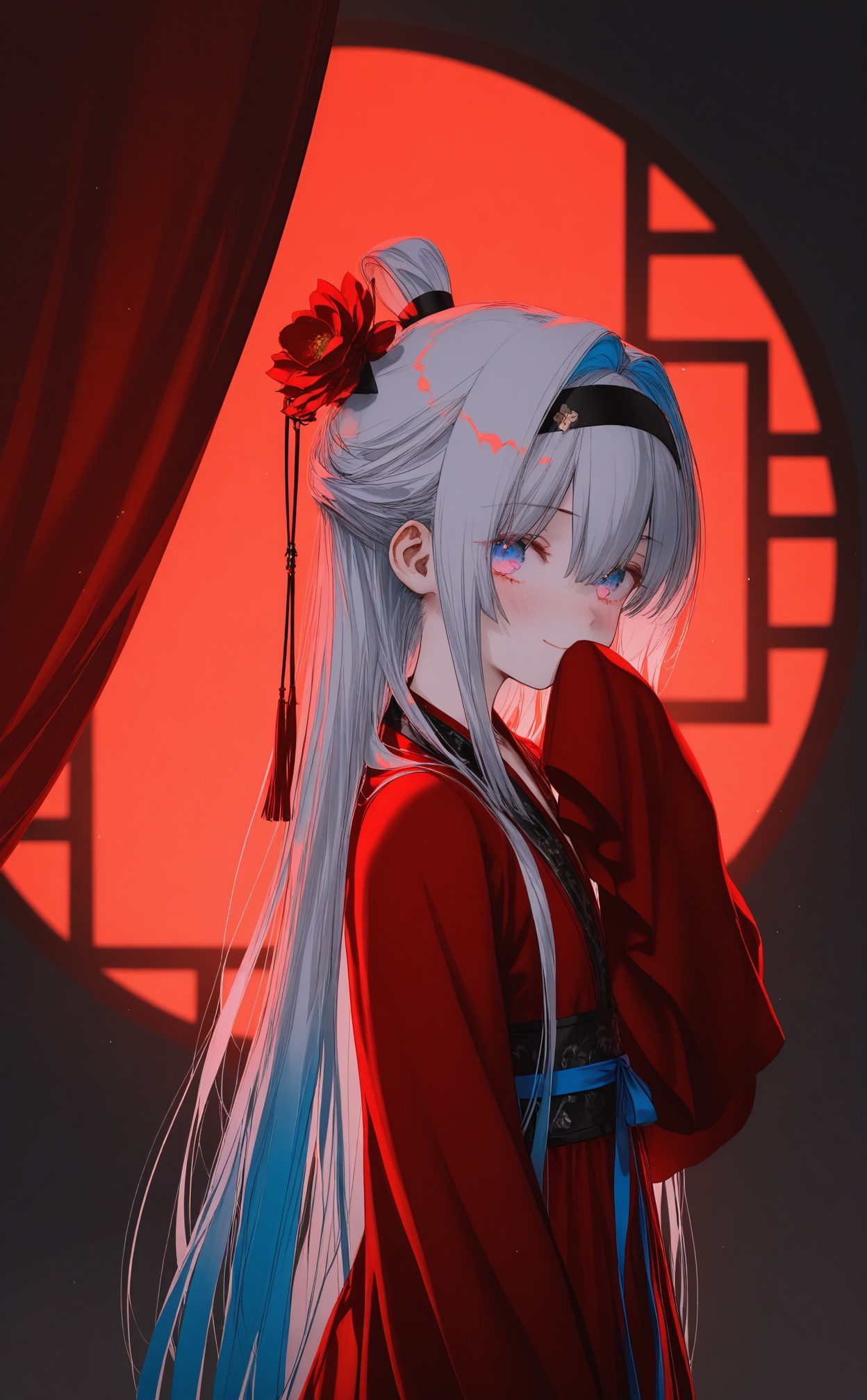 masterpiece,absurdres,best quality,loli,petite,high quality,chromatic_aberration,shiny_skin,//,hanfu,1girl,solo,hair_ornament,long_hair,hairband,looking_at_viewer,lattice,sleeves_past_fingers,curtains,black_hairband,hair_flower,smile,flower,closed_mouth,sleeves_past_wrists,window,hair_ribbon,ribbon,hair_between_eyes,tassel,blue_hair,long_sleeves,blue_pupils,hanfu,multicolored_eyes,blue_eyes,grey_hair,sash,hand_up,hair_intakes,wide_sleeves,red_theme,red_flower,red_dress,dress,red_curtains,round_window,indoors,from_side,gradient_eyes,hair_bow,bow,sidelocks,pink_eyes,blush,hand_to_own_mouth,red_robe,two-tone_eyes,cowboy_shot,covering_own_mouth,upper_body,looking_to_the_side,very_long_hair,blurry,//,Aesthetics,(wlop:0.6),wanke,rella,wanke,