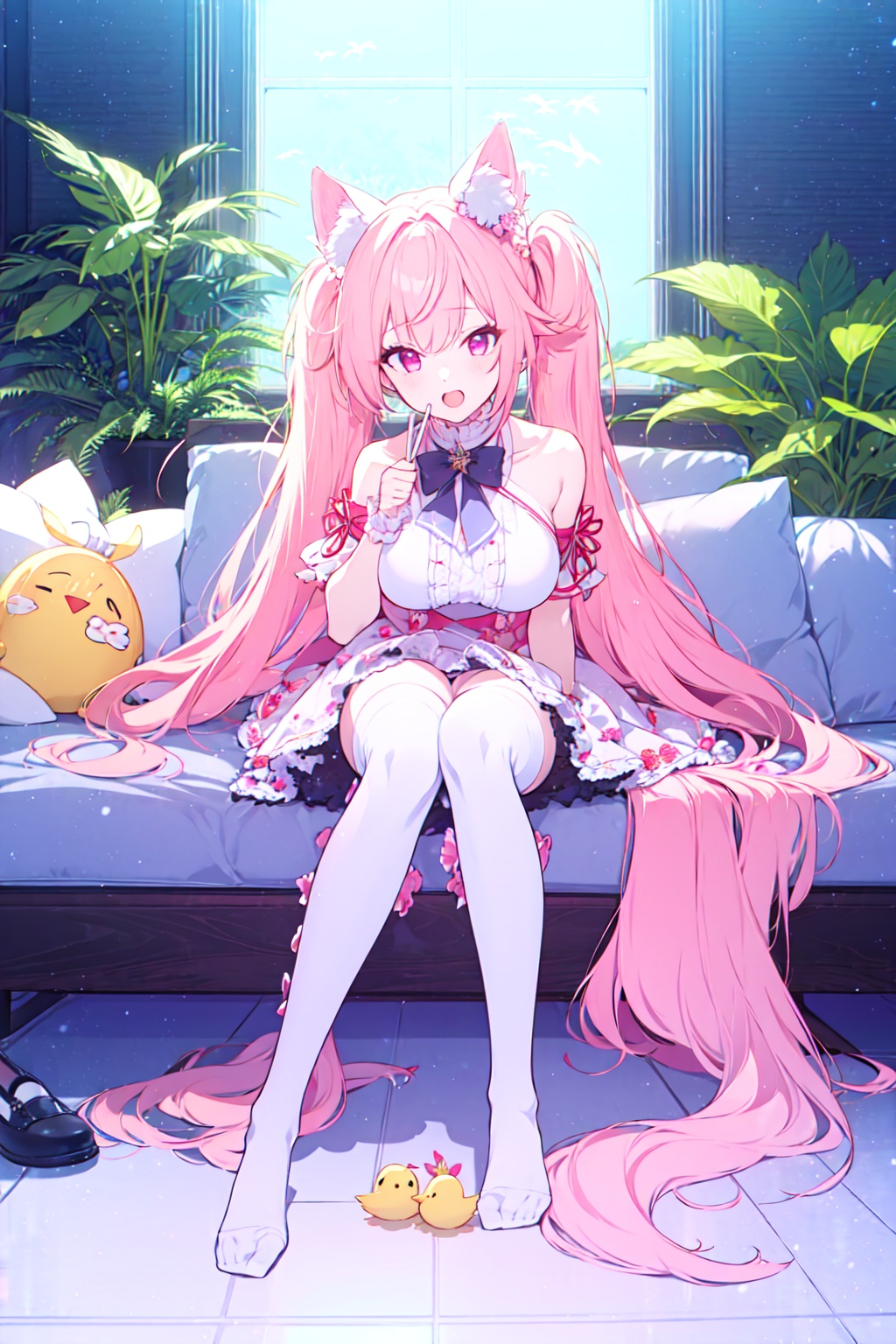 feet, manjuu_\(azur_lane\), soles, 1girl, chick, no_shoes, thighhighs, animal_ears, twintails, long_hair, foot_focus, white_legwear, very_long_hair, potted_plant, pink_hair, bird, plant, window, skirt, breasts, toes, open_mouth, bare_shoulders