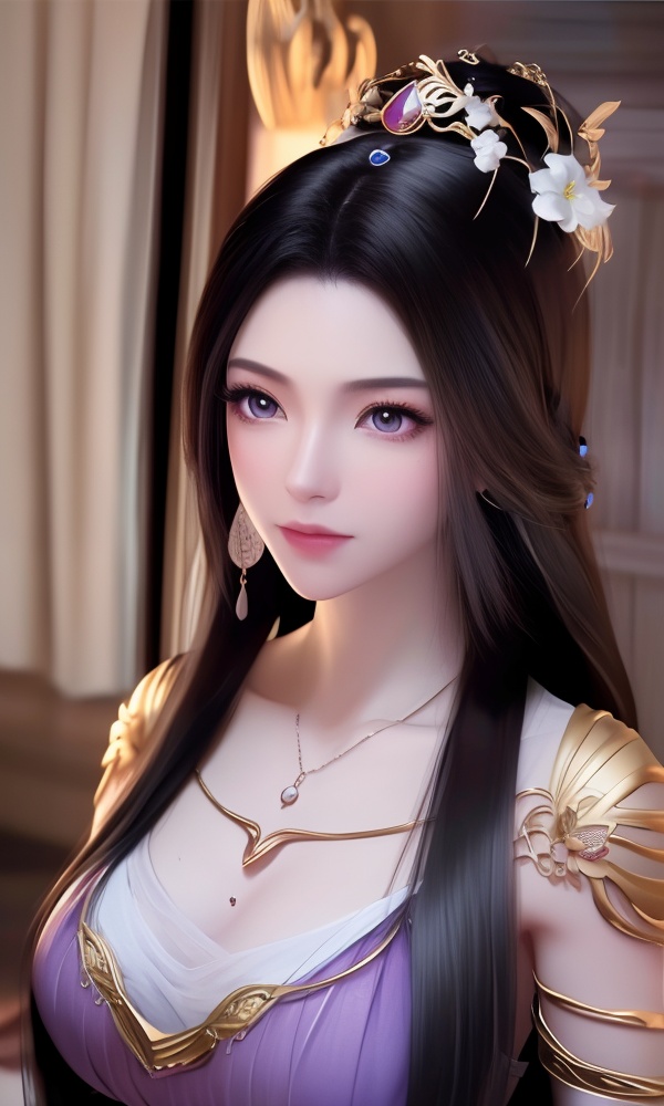 (,1girl, ,best quality, ),looking at viewer, <lora:395-DA-凡人修仙传-紫灵:0.8> ,,ultra detailed background,ultra detailed background,ultra realistic 8k cg, ,masterpiece, (( , )),, realistic,science fiction,mole, ultra realistic 8k cg, ,tamari \(flawless\),    ,crescent moon, jasmine \(flower\),     (()), (), , jewelry, necklace, solo, , , , hair_ornament, , earrings,large breasts,,  , ,