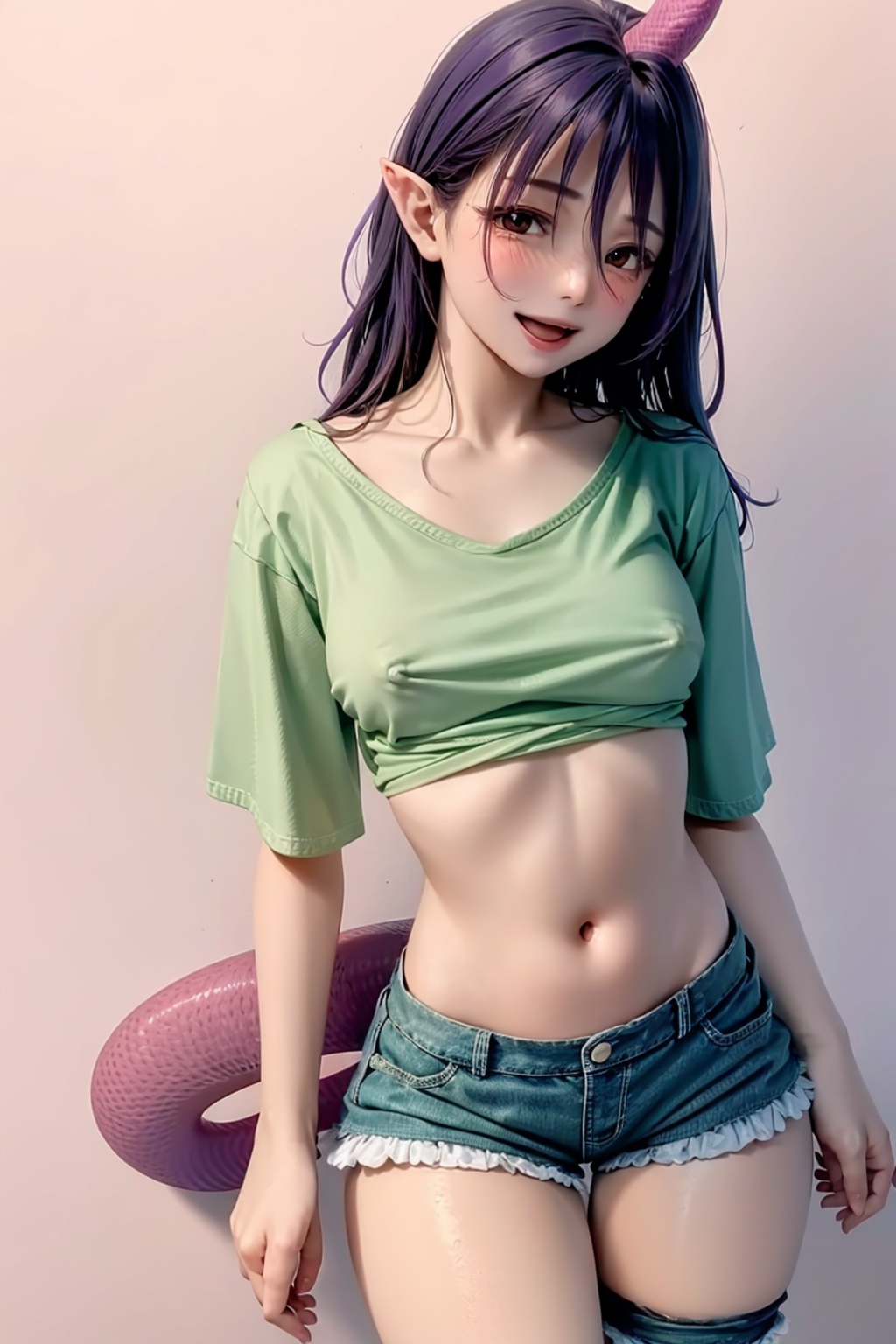 masterpiece, best quality, <lora:TenkajinChiyari:1>,1girl, breasts, horns, solo, nipples, long hair, navel, shorts, purple hair, pointy ears, clothes lift, red eyes, shirt, thigh strap, shirt lift, large breasts, short shorts, tail, single horn, open mouth, test tube, simple background, lifted by self, hair between eyes, green shirt, vial, denim, denim shorts, open fly, blush, pink background, short sleeves, smile, stomach, cowboy shot, no bra, dragon tail, standing