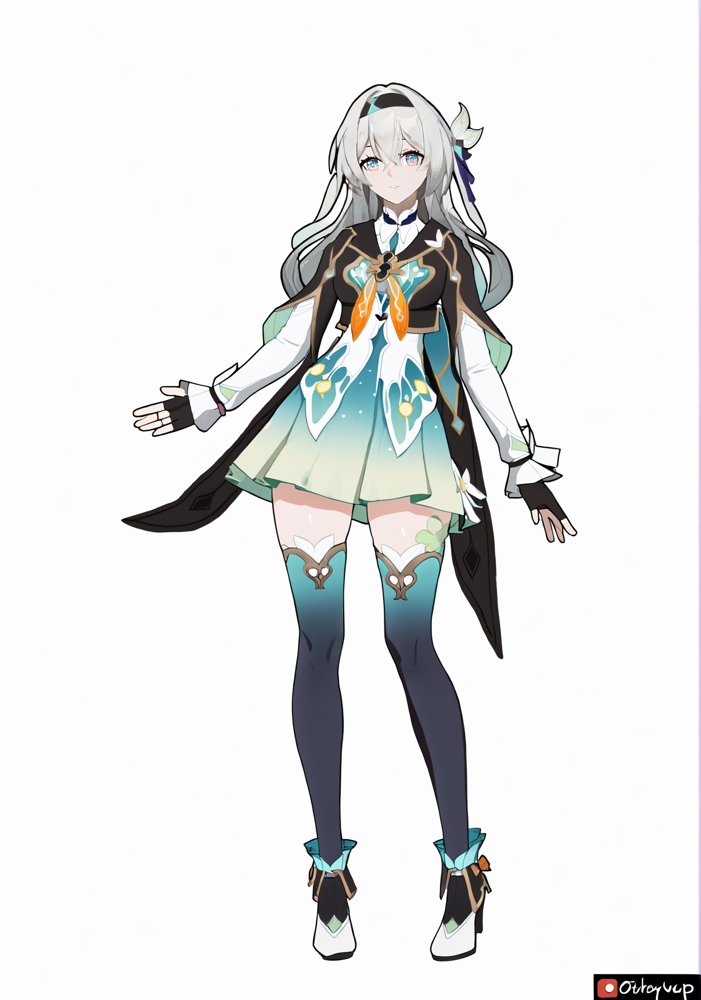 score_9, score_8_up, score_7_up, score_6_up, 8k, 8k, best quality, masterpiece, (ultra-detailed:1.1), (high detailed skin), (full body), (white background:1.1), standing, looking at viewer, (solo), hand on hip, <lora:LKtrainre-A3-Tanger-000010:0.7>, Firefly /(honkai: star rail/), Firefly's def clothes, def clothe, 1girl, black thighhighs, blue eyes, hairband, long hair, black hairband, fingerless gloves, skirt, (beautiful_face), ((intricate_detail)), clear face, ((finely_detailed)), fine_fabric_emphasis, ((glossy)), full_shot, <lora:agm-artist-richy-v1_pdxl:0.7>, 