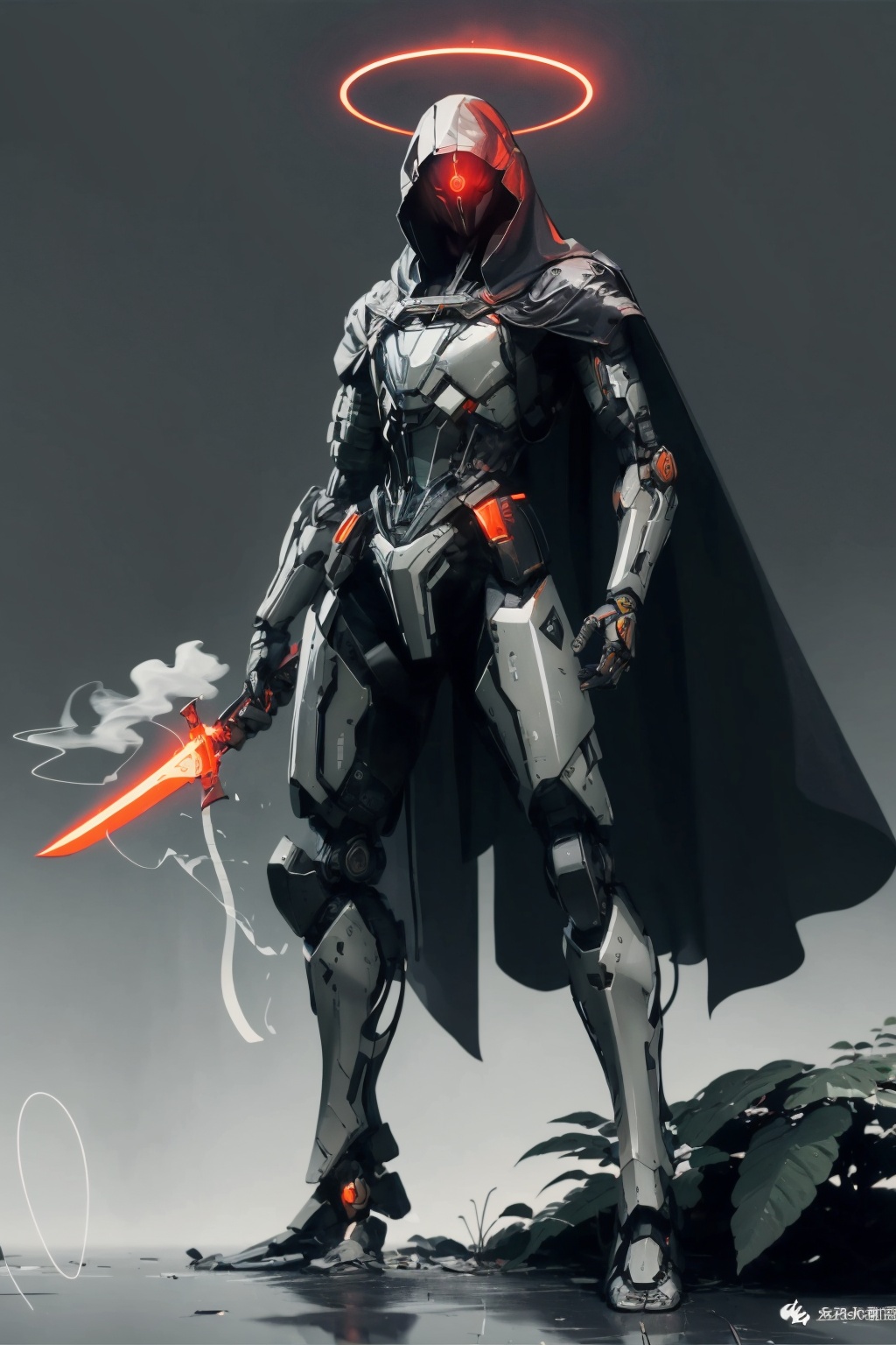 -weapon, sword, science fiction, holding, robot, holding weapon, smoke, hood, glowing, holding sword, cloak, halo, solo, red eyes,<lora:Apocalypse Aso_20240119162949:1>,Apocalypse Aso,