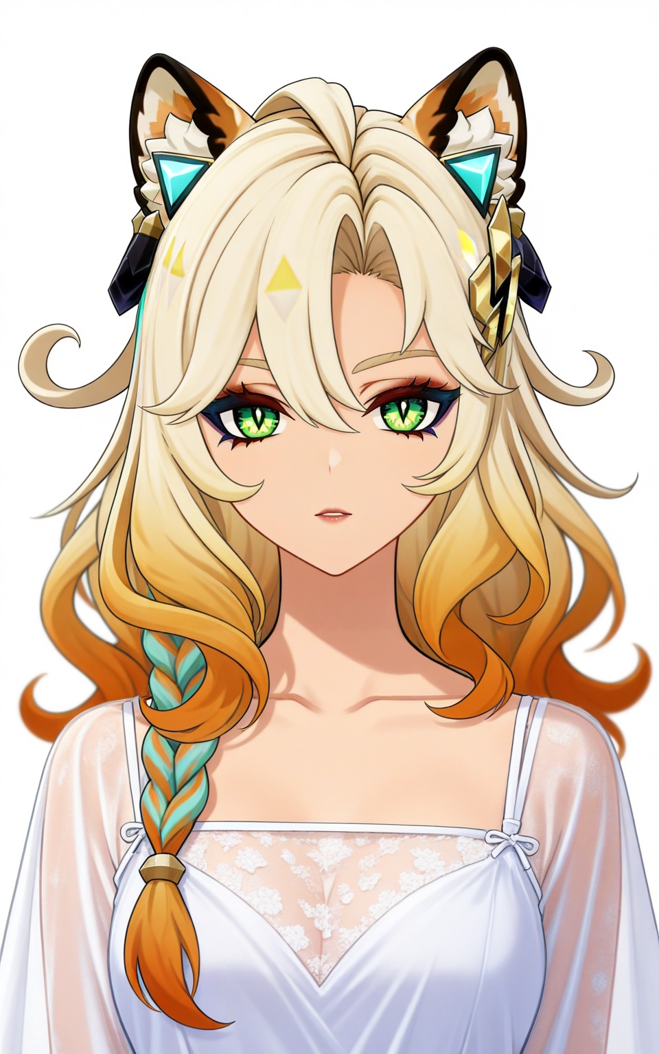 depth of field,masterpiece,best quality,very aesthetic,alternate costume,alternate costume,2024,2023,perfect composition,ultra-detailed,extreme aesthetic,masterpiece,best quality,good quality,newest,year 2024,year 2023,very aesthetic,absurdres,looking_at_viewer,colorful,white_background,simple background,upper_body,see-through,dress,<lora:希诺宁·衣服百搭款ILL:0.8>,xilonen\(genshin impact\),animal ear fluff,cat ears,blonde hair,multicolored hair,gradient hair,orange hair,green eyes,slit pupils,braid,cat girl,makeup,eyeshadow,hair between eyes,hair_ornament,