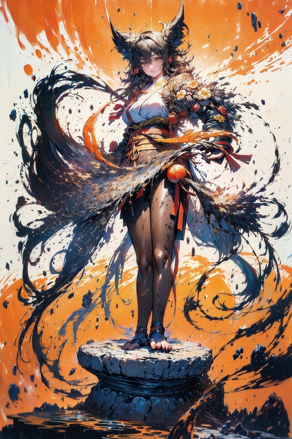 long hair severe floworange background painting wafuku full body standingstone grand bonsai Japanese apricotlooking at vie...