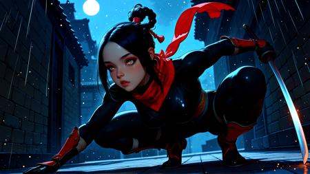 high_quality, highres, detailed, masterpiece, best quality, absurdres, dynamic angle, dynamic pose, Enchanting Eyes,  solo, female ninja, crouching silently on ancient stone tiles, head to hips view, moonlight casting sharp shadows, intense almond-shaped eyes with dark eyeliner, subtle scar across cheek, soft lips slightly parted, calm controlled breath, long black hair tied in a tight braid with loose strands framing her face, expression sharp, focused, alert, black stealth outfit with crimson thread patterns, lightweight shoulder guards, short scarf fluttering in the breeze, one hand gripping the hilt of a katana, rain-dampened fabric clinging slightly to her form, cool night air, tension in her stance, elegant and lethal, cinematic ninja fantasy, silent before the strike <lora:rdtdrp:1> <lora:SLE_v2:0.2> <lora:EnchantingEyesIllustrious:0.95>