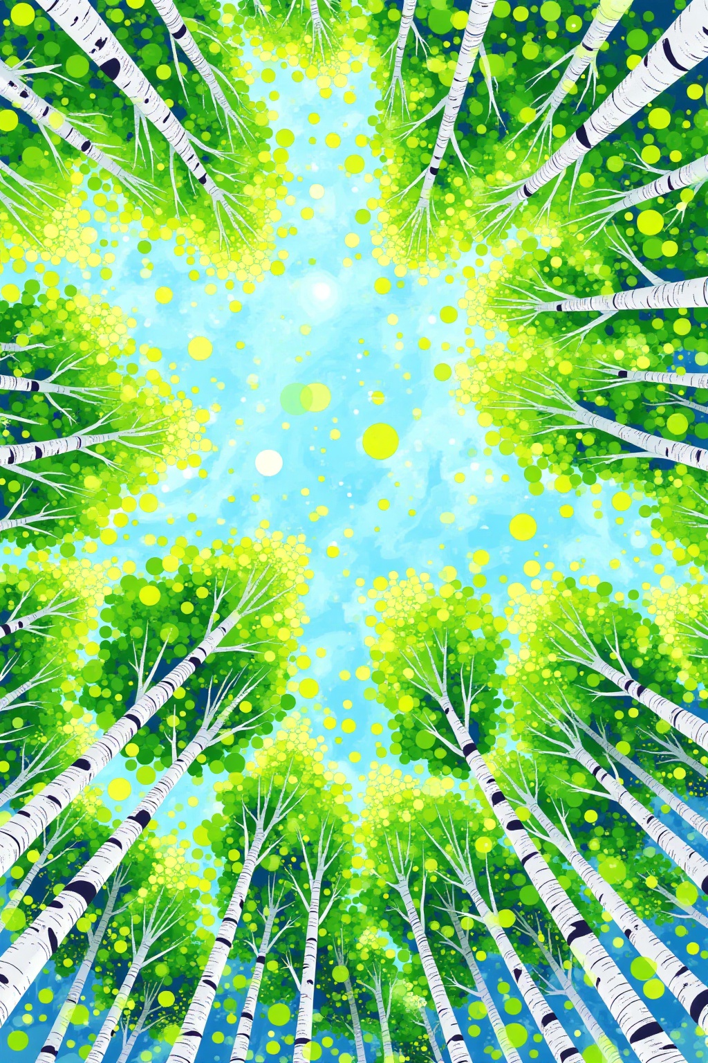 SK,This is a digital illustration depicting a vibrant, upward-looking view of a forest canopy. Tall, slender birch trees with white bark and black markings dominate the scene, surrounded by a dense array of green and yellow leaves. The background features a gradient sky transitioning from blue to light green, with scattered, overlapping circles adding a playful, abstract touch. 