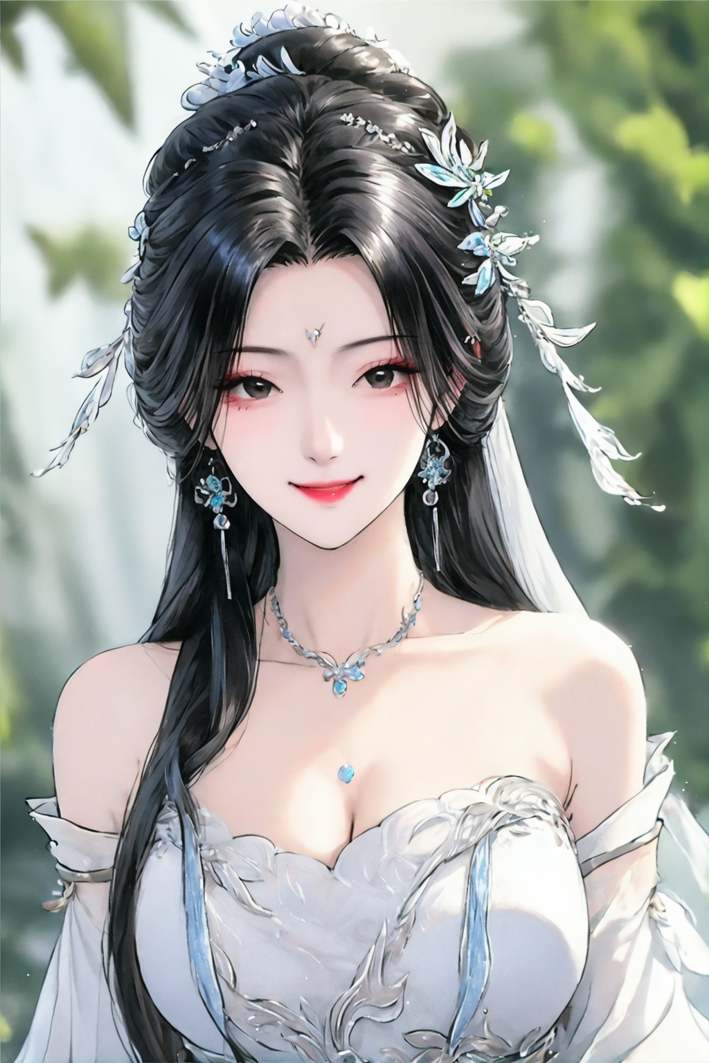 <lora:01古风美女第一版:0.8>,1girl,jewelry,hair ornament,earrings,solo,dress,black hair,upper body,smile,long hair,breasts,bare shoulders,looking at viewer,white dress,necklace,cleavage,blurry background,hair bun,forehead mark,