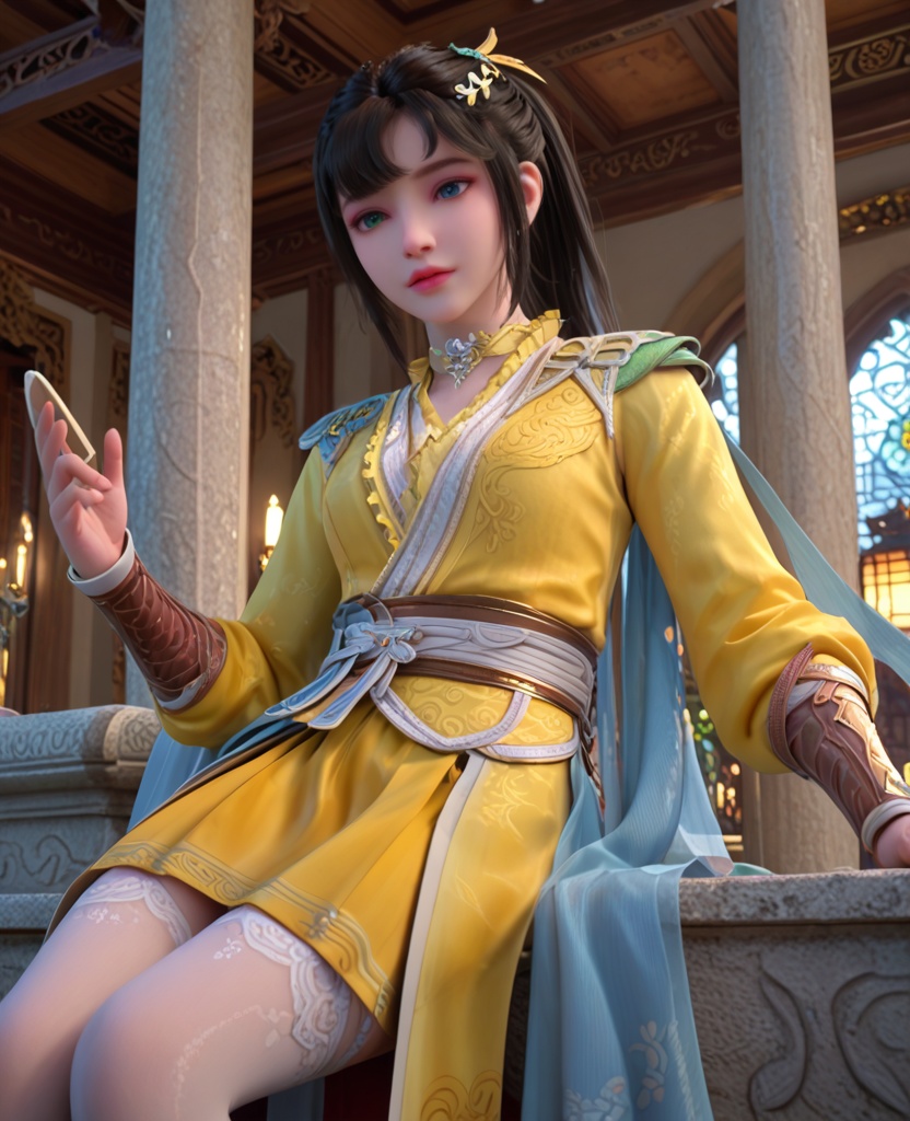 (oriental architecture, elegant decor, sophisticated style:1.1),(Sitting, legs outstretched, leaning back on hands,:1.1),(breasts:1.2),<lora:XL少年歌行司空千落:0.95>,miss sikongqianluo,azure tunic outerwea with yellower top underneath,gradient colored overskirt with yellow pleated skirt underneath,white print thighhighs,black hair,hair ornament,heterochromia,choker,bangs,cape,belt,lips,leather wristband,, score_9,score_8_up,score_7_up,score_6_up,score_5_up,score_4_up,3d rendering,tag1,tag2, Cinematic Lighting,backlighting,