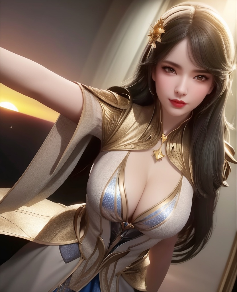 <lora:555-DA-斗罗大陆-宇梦迪:0.8>(,1girl, ,best quality, ),looking at viewer,masterpiece, (( , )),, realistic,science fiction,mole, ultra realistic 8k cg, , sun,sunset, (cleavage), (),