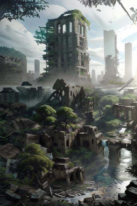 ttruins,ruins,city, (8k,RAW photo,masterpiece, best quality,CG,epic realistic,official art,), <lora:Moderncity_ttruins:1>,tree, water,grass, 