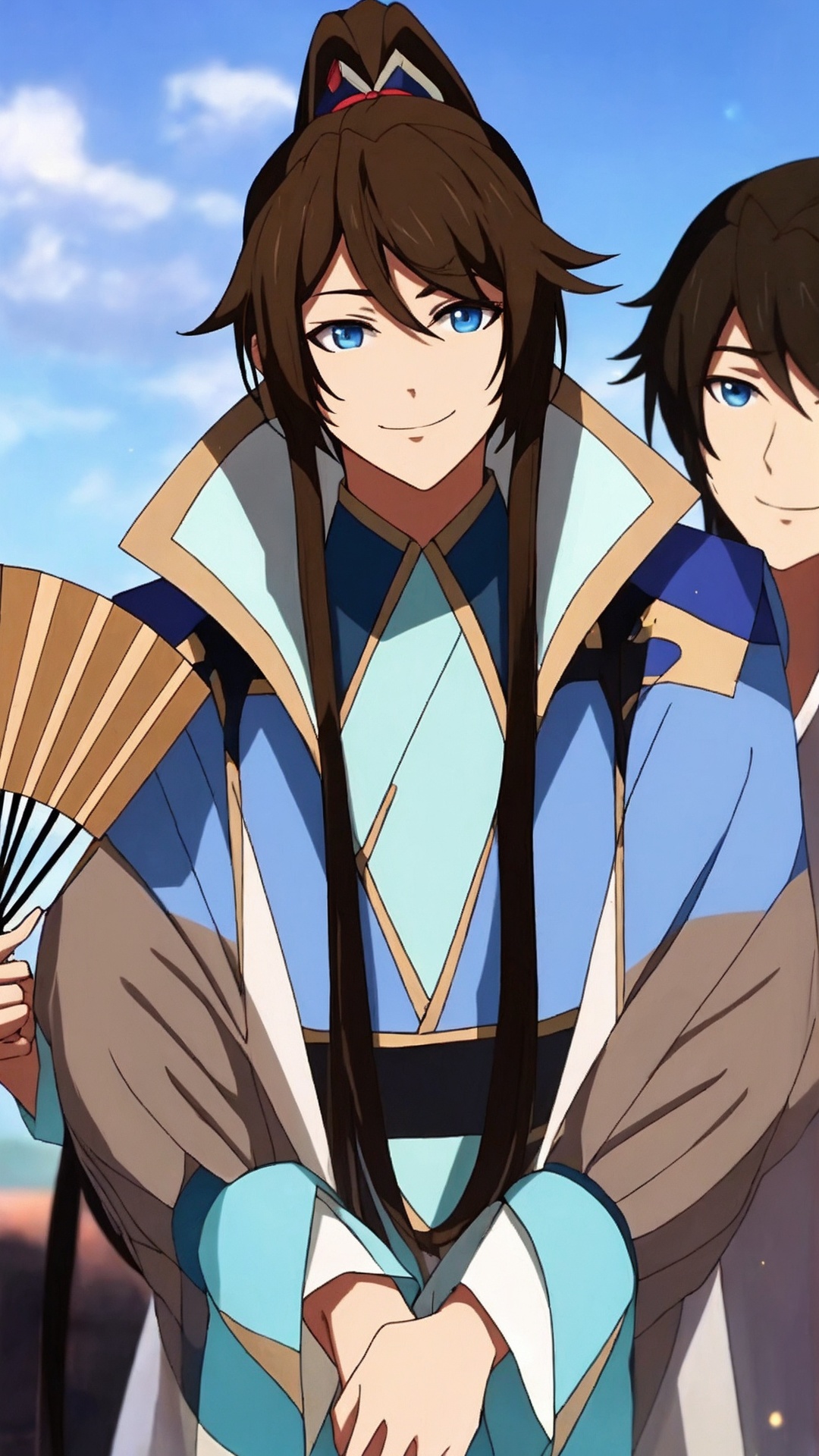 long hair, blue eyes, hand fan, black hair, folding fan, brown hair, ponytail, multiple boys, 1boy, sky, male focus, 2boys, folded fan, smile, wide sleeves,<lora:boy baixiaochun_20240911193625:0.7>,