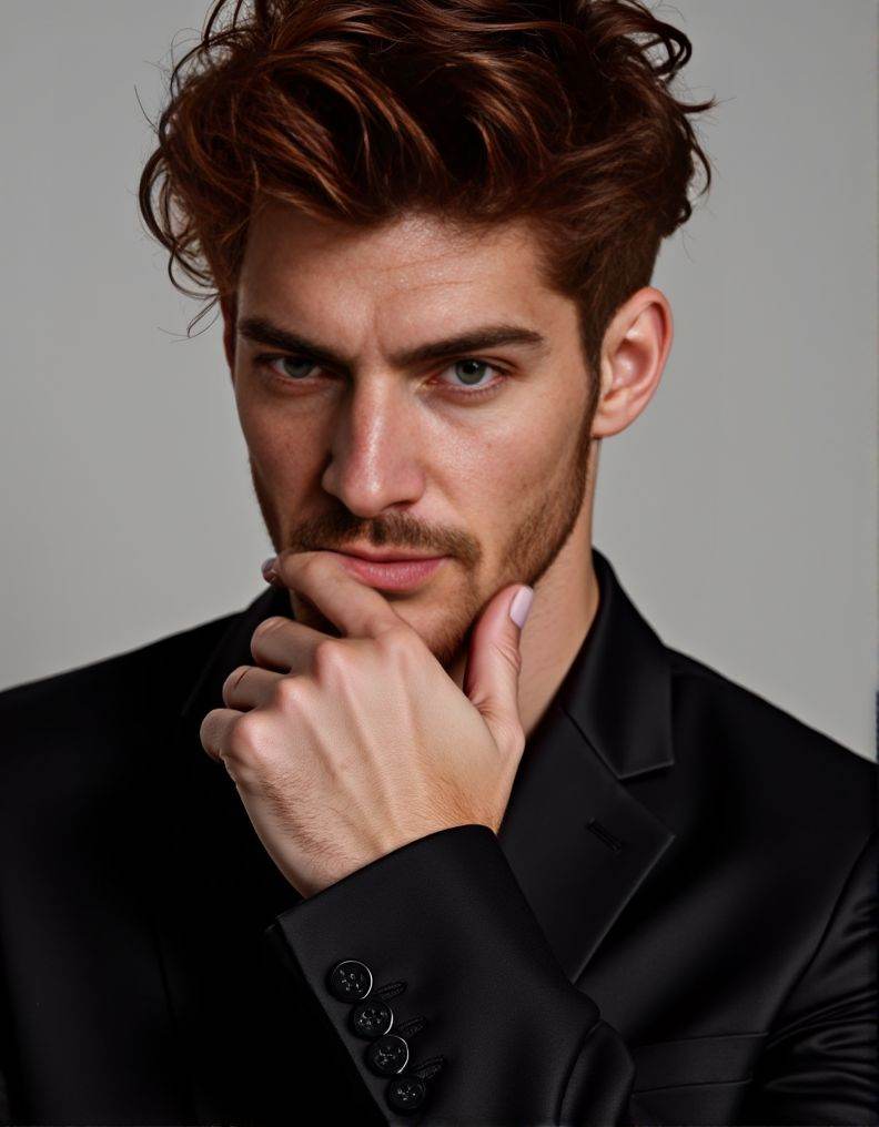 Ken Bek ,  posing confidently at during a portrait photoshoot. The scene is focused on a headshot. intense gaze and serene...