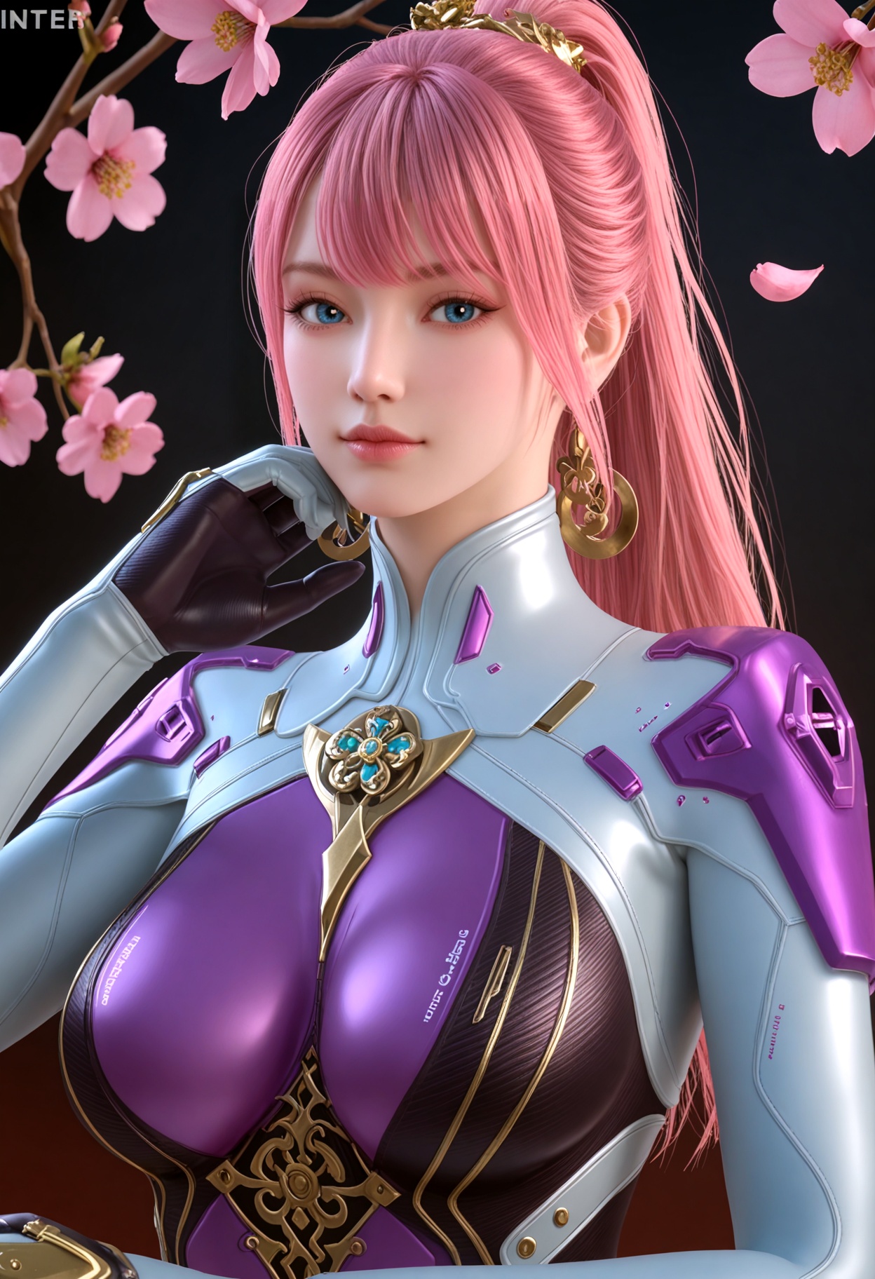 (upper_body:1.2),(looking_at_viewer:1.1),(masterpiece:1.1),(best quality:1.2),(intricate details),(smog:1.3),(Dark room:1.3),(dim lighting:1.3),peach blossom,falling petals,<lora:YQ_Illustrious光辉v5_步练师_V1:0.8>,q1528437228,solo,1girl,bodysuit,pink_hair,skin_tight,ponytail,earrings,breasts,jewelry,long_hair,high_heels,gloves,blue_eyes,fingerless_gloves,masterpiece,(best quality),(intricate details:0.9) BREAK (intricate details:0.9),(realistic skin:1.2),masterpiece,best quality,newest,absurdres,hiahres,