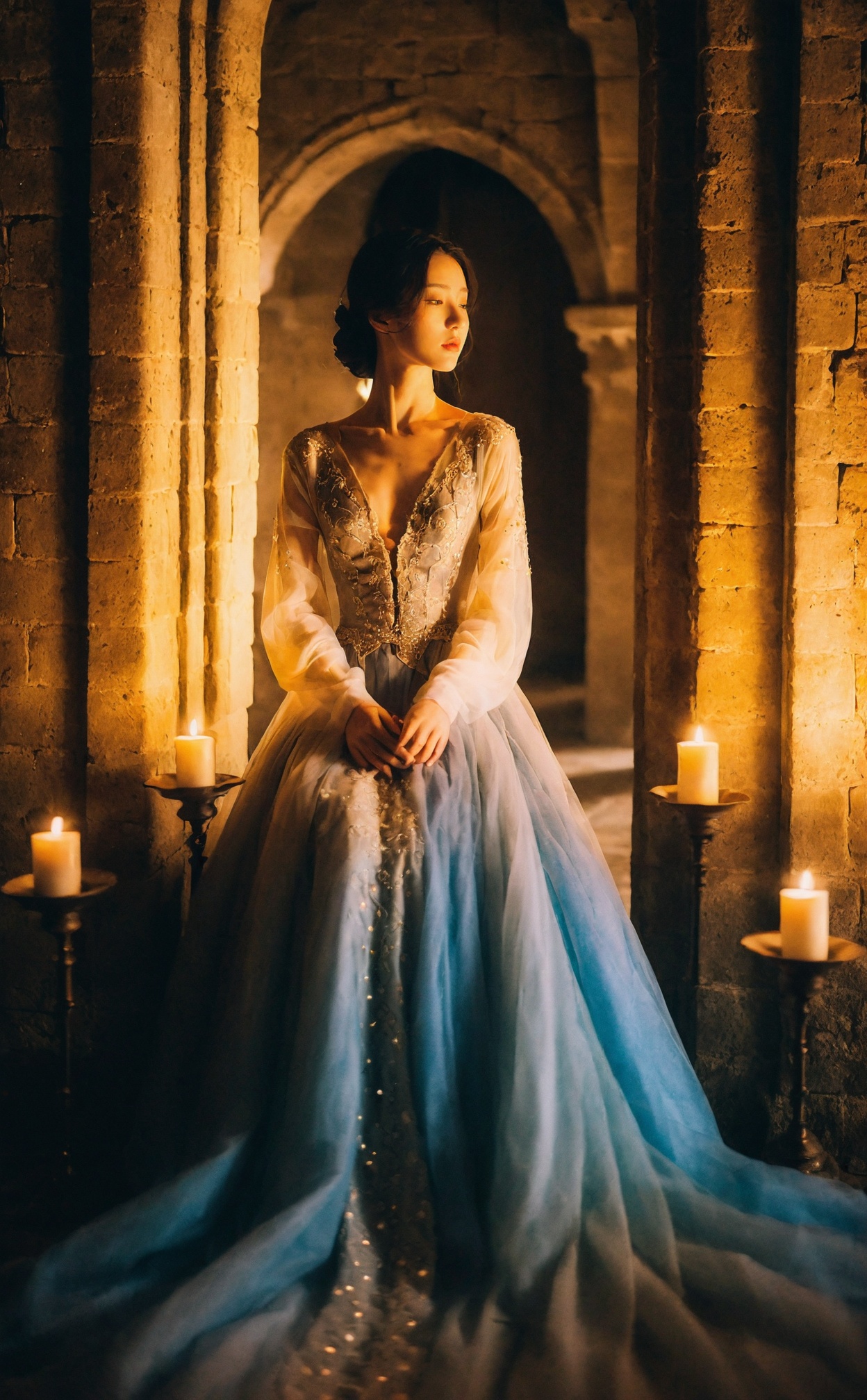 mugglelight, a woman in a flowing gown, surrounded by candles in a medieval castle, soft medieval glow, historical romance, regal elegance.korean girl,black hair,