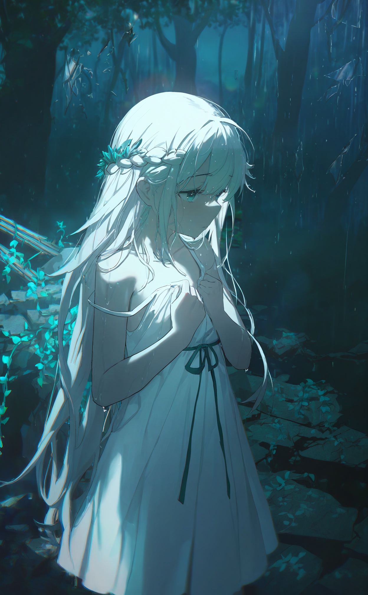 masterpiece,highres,absurdres,newest,best quality,high quality,loli,petite,chromatic_aberration,//,illustration,ultra detailed,hdr,Depth of field,(colorful),bust,late at night,dark,light rain,dark,contrast,phenomenal aesthetic,(detailed light),light rain,dark,(((Cornflower))),cornflower,cornflower,vines,forest,ruins,Blurred picture,lens flare,hdr,Tyndall effect,damp,wet,1girl,bare shoulders,broken glass,broken wall,aqua theme,white hair,white dress,closed mouth,braid,white dress,standing,solo,//,<lora:konya_karasue2——【noob】hans:0.8>,,