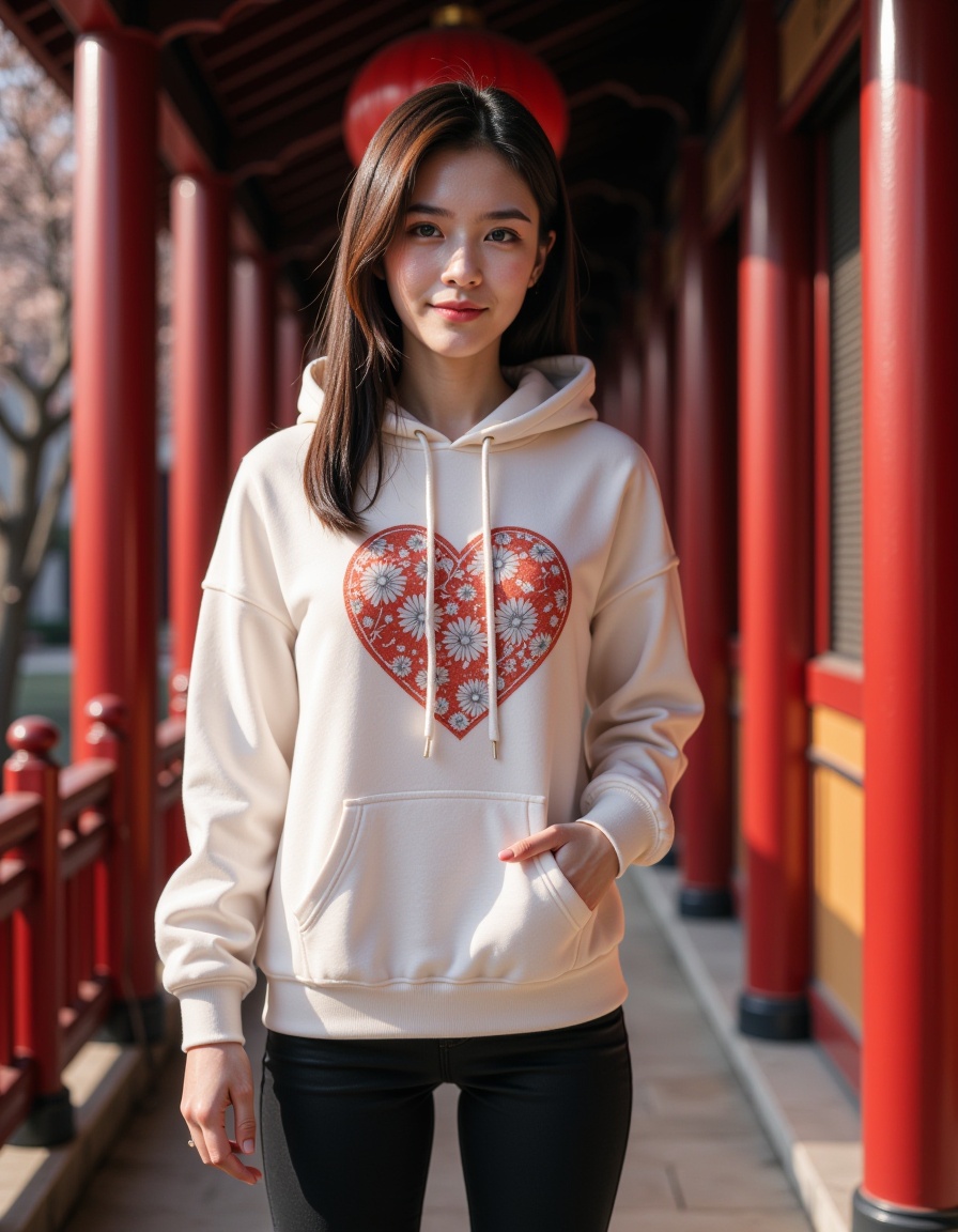 1girl,waist up,realistic,hoodie,indoors,chinese style architecture