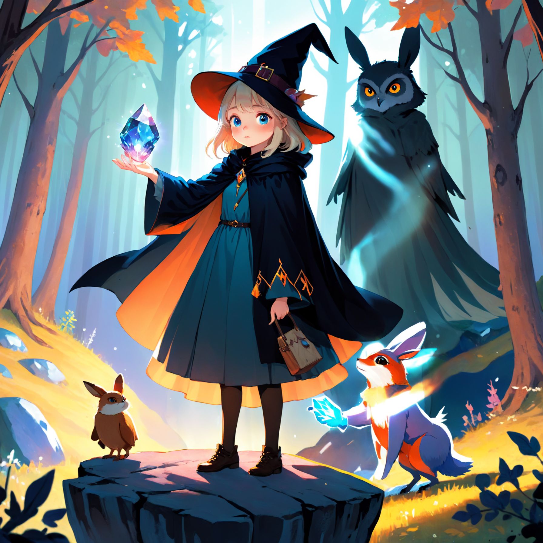 Illustration of Irina from The Journey of the Witch,  a young cute wizard girl wearing a pointed hat and a cloak,  standin...