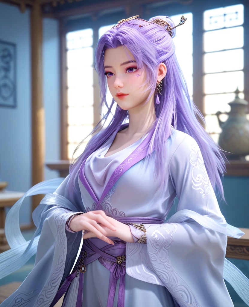 (oriental architecture, elegant decor, sophisticated style:1.1),(meditating:1.1),(breasts:1.2),<lora:XL师兄啊云霄:0.95>,miss yunxiao,chinese clothes,purple hair,purple eyes,a mark under the left eye,single hair bun,long sleeves,earrings,hairpin,sash,, score_9,score_8_up,score_7_up,score_6_up,score_5_up,score_4_up,3d rendering,tag1,tag2, Cinematic Lighting,backlighting,