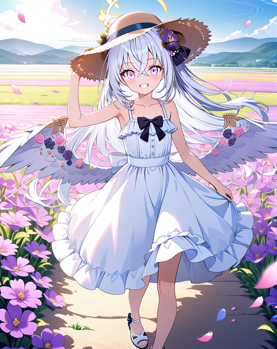 azusa (blue archive),1girl, solo, dress, wings, hat, flower, outdoors, smile, long hair, white dress, straw hat, sky, azusa (blue archive), looking at viewer, white hair, cloud, bangs, halo, petals, sleeveless, day, sandals, field, blue sky, white footwear, hair between eyes, white wings, hand on headwear, sundress, sleeveless dress, hat flower, grin, blush, purple eyes, angel wings, falling petals, flower field, purple flower, crossed bangs, frilled dress, frills, arm up, standing, full body, collarbone,(UHD),anatomically correct,ccurate,textured skin,super detail,high details,award winning,best quality,high quality,retina,16k,HD,1080P,8k,