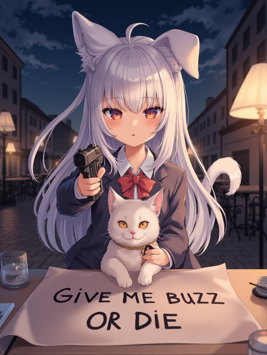 kedamamilk,  A anime dog girl pointing a gun at viewer. night city. Cat hold table with text "Give me buzz or die" on Tens...