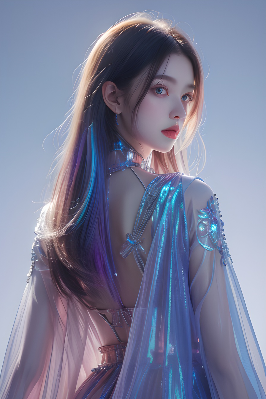 1girl,jewelry, iridescence,  look back, upper body,light pink background, (32k, best quality, highres, masterpiece:1.21), (realistic:1.331), detailed and intricate, (iridescent hair:1), <lora:20240218-1708234260649:0.4>, <lora:幻光琉璃Phantasmal Luminous The Radiance of Rainbow Dispersion:0.6>