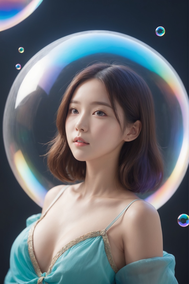 1 girl,solo,korean_text,clear skin texture,colorful,masterpiece,best quality,absurdres,medium breasts,full_shot,((colorful bubble)),(floating),detailed light,