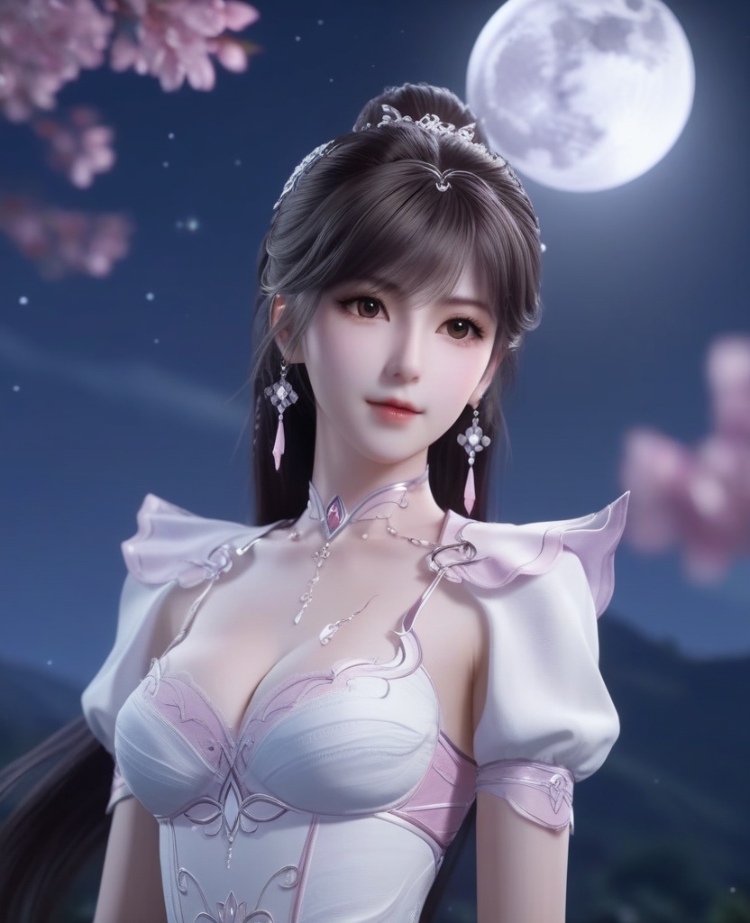 <lora:595-DA-XL-斗罗大陆-小舞-神界服装:0.8>(,1girl, ,best quality, ),looking at viewer,  ,ultra detailed background,ultra detailed background,ultra realistic 8k cg,, ,masterpiece, (( , )),, ,   ,   cure blossom, full moon,night,night sky,  (cleavage), (), ,, 