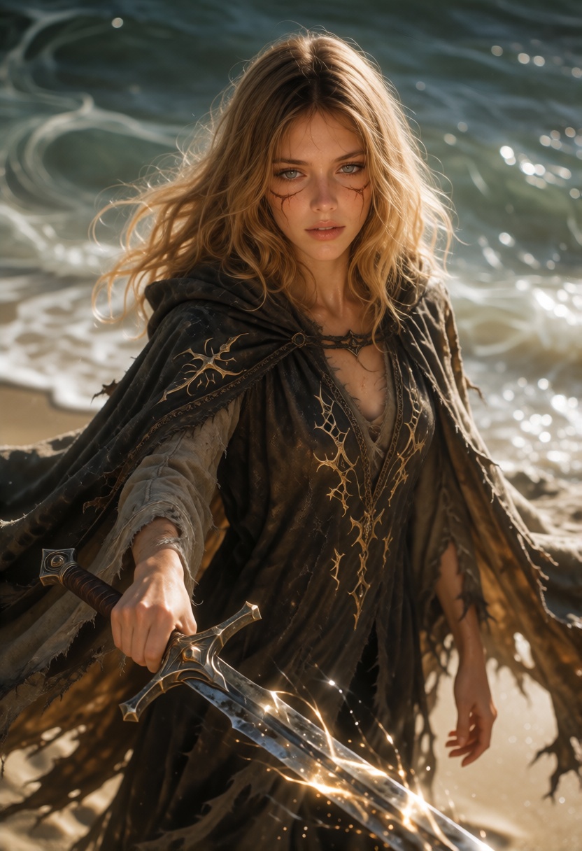 AmberX,  dark blonde hair worn loose in soft beach waves with a center part and delicate face-framing strands ,  standing...