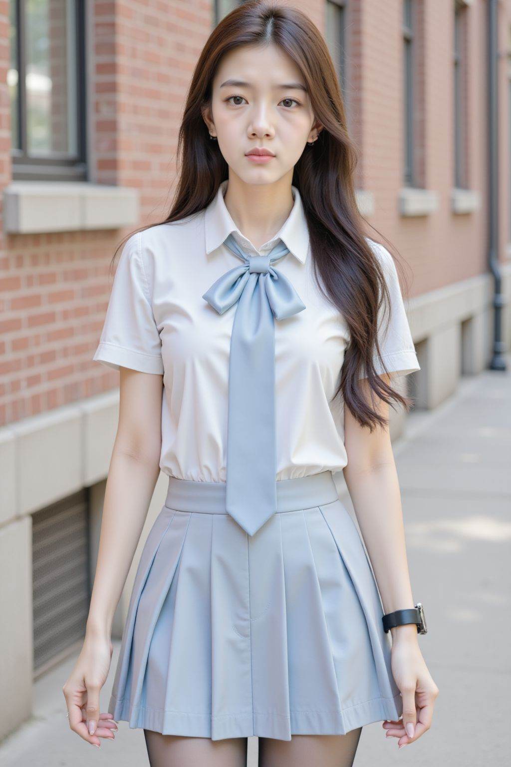 A young woman stands outdoors near a brick building with windows. She wears a white short-sleeved collared shirt paired with a light blue tie that has a bow at the collar. Her skirt is a light blue pleated design,and she has on black tights. Her long,dark hair flows down her back,and she wears a black wristwatch on her left wrist. The background features a brick wall with a window and a sidewalk,with some blurred architectural details. The overall scene is well-lit,suggesting daytime.,