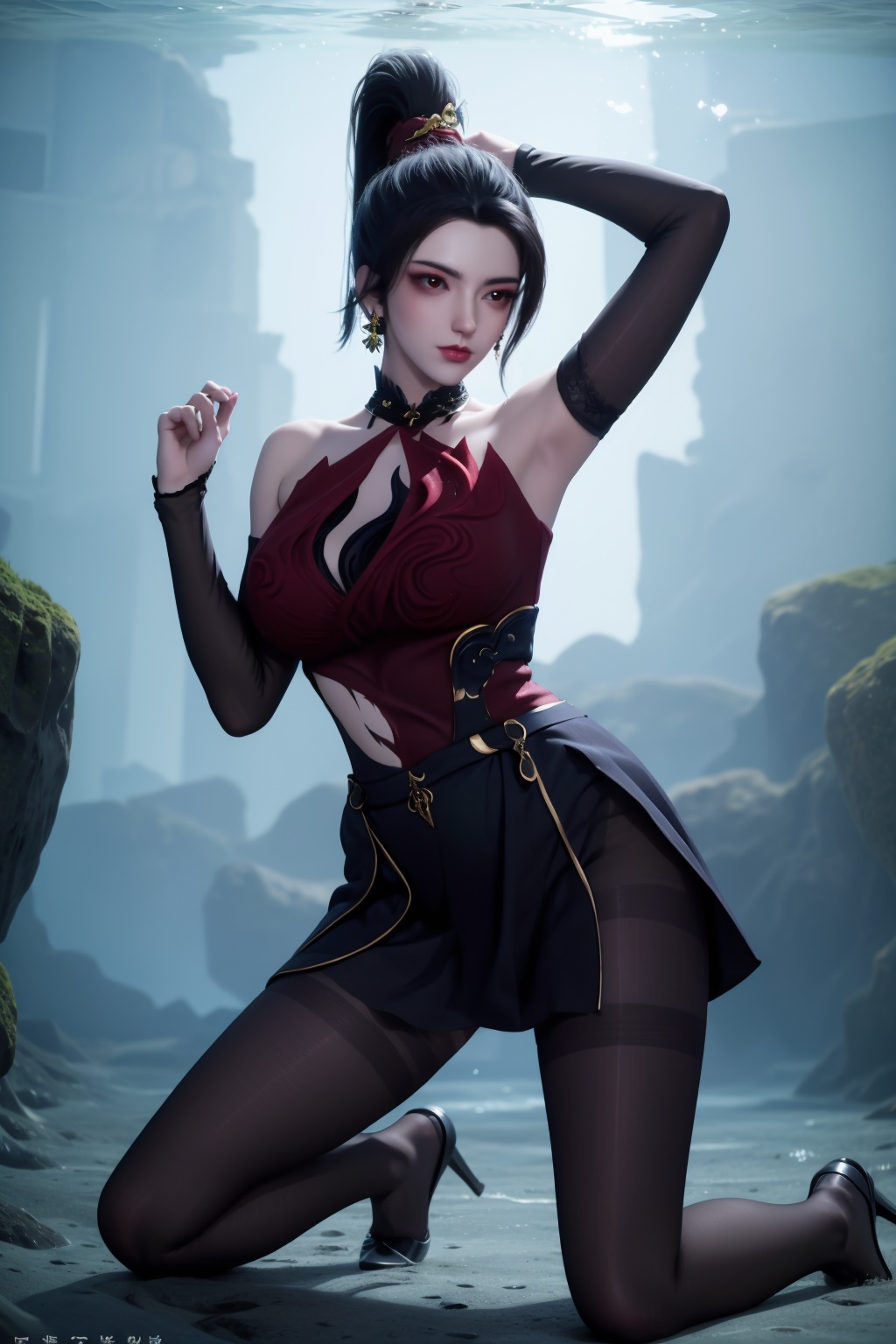 1girl,underwater,submerged,floating hair,air bubble,holding breath,see-through,masterpiece,best quality,highly detailed,fish,(wide hip:1.2),jellyfish,earrings,hair ornament,sea weed,coral reef,shark,sea turtle,sexy pose,kneeling,chinese dress,chinese clothes,big breasts,(looking at viewer:1.2),black pantyhose,arms up,torn pantyhose,blue hair