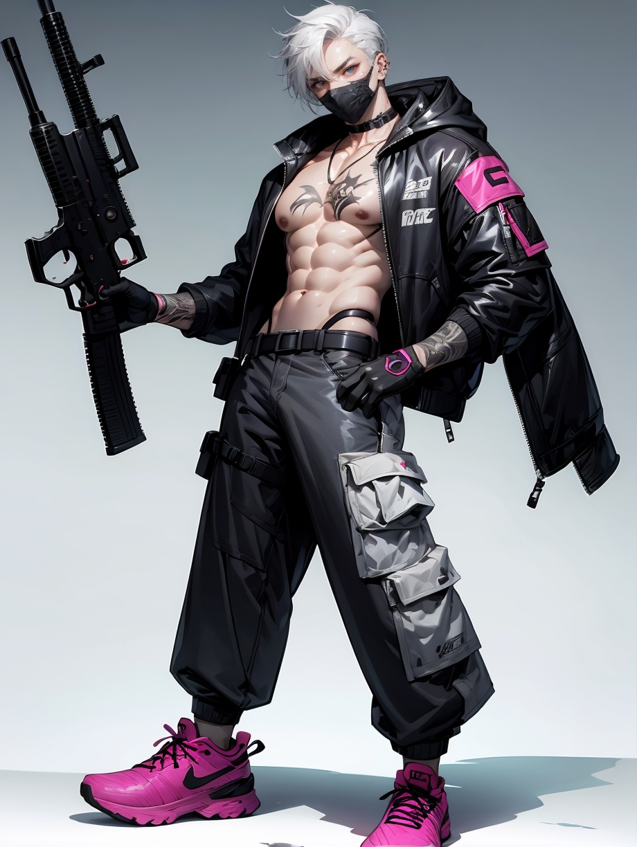 hezi, Cyberpunk, Sotai, weapon, 1boy, male focus, tattoo, solo, abs, mask, gun, jacket, gloves, pectorals, muscular male, bara, shoes, pants, open jacket, open clothes, belt, muscular, nipples, navel, bare pectorals, holding, holding weapon, jewelry, white background, large pectorals, white hair, mouth mask, pink footwear, collar, black gloves, looking at viewer, simple background, scar, earrings, fingerless gloves, covered mouth, short hair, sneakers, holding gun, rifle, chest tattoo, socks, underwear, arm tattoo, stomach tattoo, black jacket, spiked hair, mature male, choker, hood, piercing, navel hair, scar on face, no shirt, necklace, black belt, grey eyes, heterochromia, assault rifle, hood down, ear piercing, hooded jacket, standing, full body, grey hair, red eyes, grey pants, blue eyes, buckle, neck tattoo, male underwear, long sleeves, zipper, pouch, black mask, thick eyebrows, thong, thick arms, bangs, scar across eye<lora:索泰:0.6>
