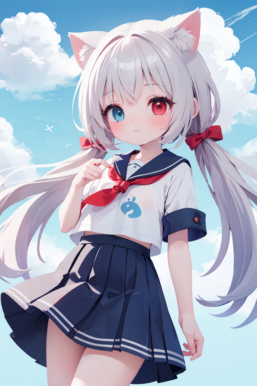 1girl,(heterochromia:1.4),(red eyes:1.4),(blue eyes:1.4),very long hair,cat ears clouds,blue sailor collar,blue skirt,blue sky,blush,red bow,closed mouth,cloud,cloudy sky,condensation trail,day,