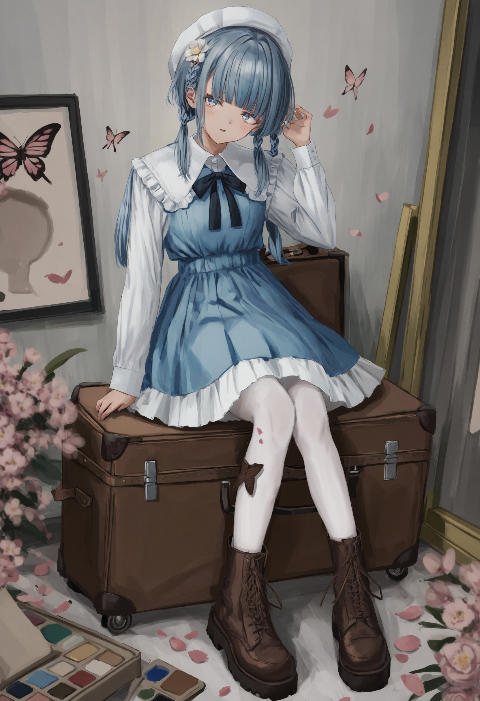 1girl,    solo, blue eyes, bangs, dress, blue dress, white pantyhose, flower, sitting, hair ornament, suitcase, long sleeves, pantyhose, blunt bangs, blue hair, hat, petals, long hair, parted lips, low twintails, boots, butterfly, bug, feet out of frame, palette \(object\), brown footwear, blush, floral print, hair flower, beret, hand up, twintails, short dress, print pantyhose, petticoat, light blue hair, muted color, rolling suitcase, looking at viewer, braid, collared shirt, paintbrush, side braid, white shirt, painting \(object\), white hat, wing collar, shirt, masterpiece, best quality <lora:GUXLlokr8f-000183:0.95>