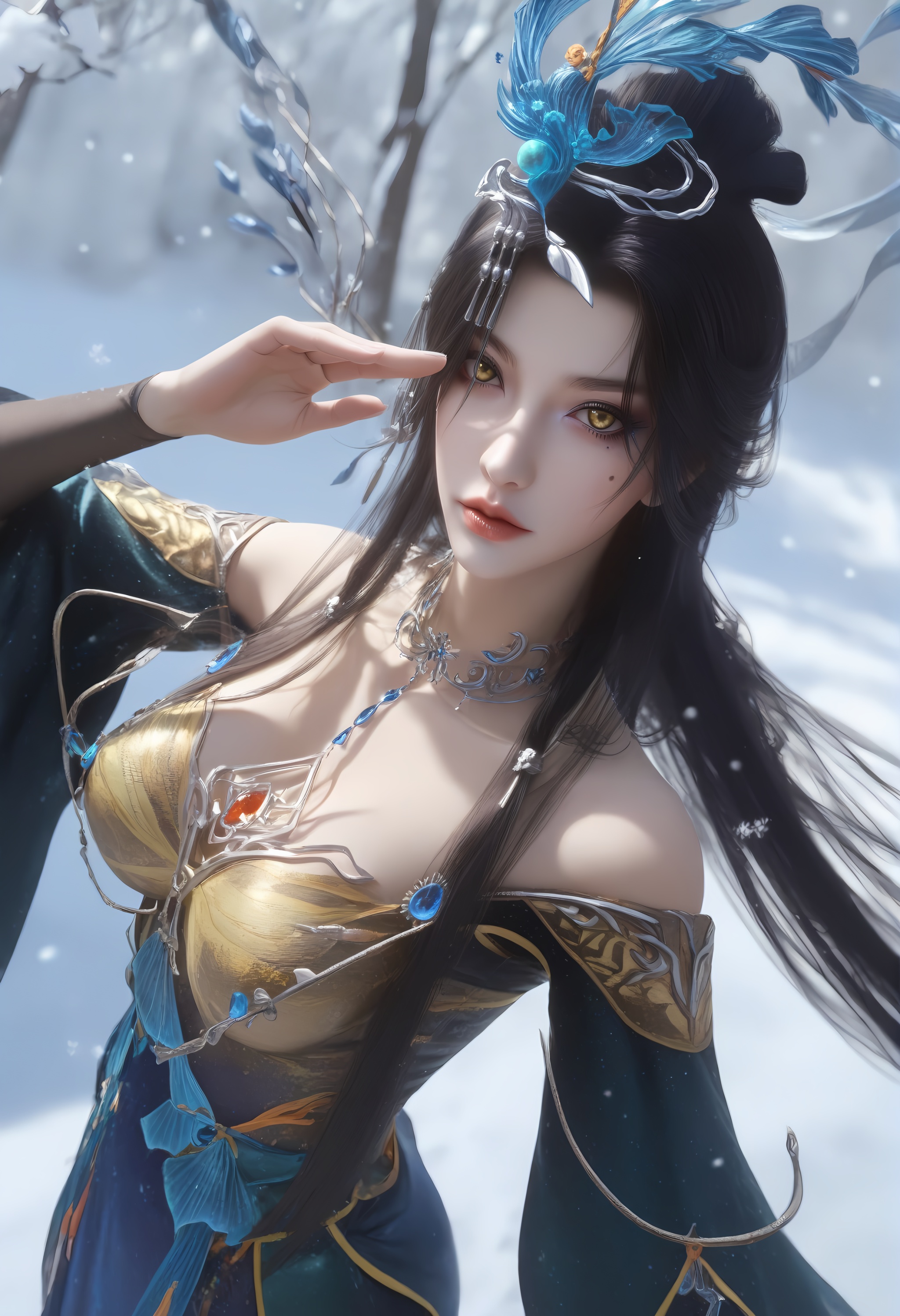 (score_9),(cowboy shot),<lora:云望舒-apony-000009:0.83>,yunwangshu,1girl,solo,yellow eyes,long hair,hair ornament,black hair,updo,hair bun,mole under eye,eyeshadow,makeup,metal collar,chest jewel,detached sleeves,dress,<lora:Expressive_H-000001:0.8>,front view,looking at viewer,dutch angle,dynamic_angle,from above,salute,one side up,mature female,collarbone,pointy breasts,puffy breasts,((large teardrop breasts)),cleavage,<lora:e肤色滑块:0.35>,fair_skin,(pale_skin),(white_skin),light skin,ultra-detailed skin texture,detailed textures,BREAKsimple background,in snow,Tyndall effect,available light,depth of field,tree,snowflakes,branch,twig,4K ultra HD,sharp focus,high detail,natural lighting,high contrast,<lora:e色温:0.3>,