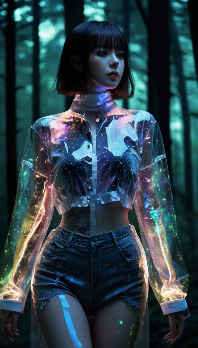 1girl,full_body,glowing,machinery,mecha,robot,sciencefiction,white background,rich colors,high contrast,sexy full shot body photo of the most beautiful artwork in the world,illustration,cinematic light,fantasy,highres,highest quallity,ultra detailed,best quality,masterpiece,(detailed face),(slutty) woman wears a shirt and (torn) fullbody (transparent galaxy) cloths coat,floating cloth,see throug,choker,fantasy forest with glowing neon details,bangs,