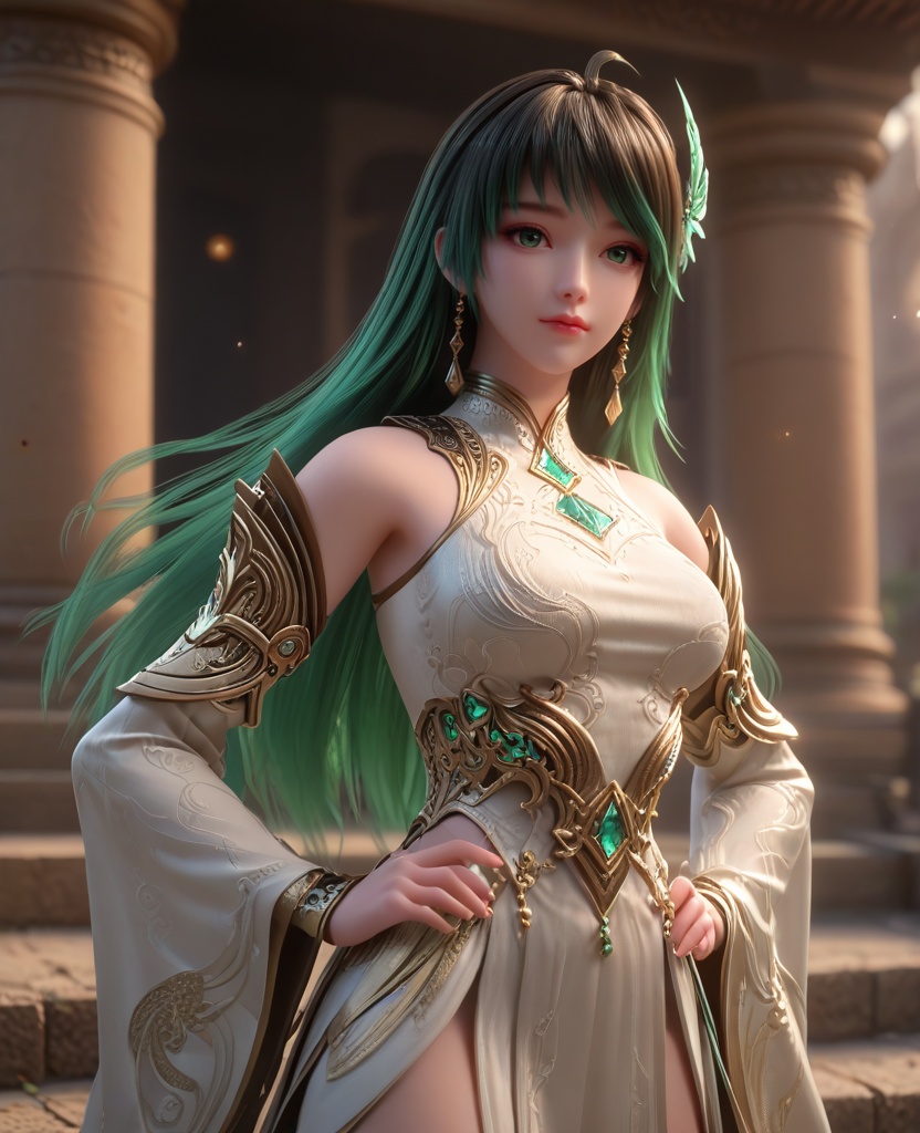 (oriental architecture, elegant decor, sophisticated style:1.1),(hands on hips:1.1),(breasts:1.2),<lora:XL16克金玩家林紫玥新手村:0.95>,miss linziyue,white corset top with coattails,black miniskirt,green eyes,aqua ombre hair,very long hair,hair ornament,jewelry,earrings,detached sleeves,, score_9,score_8_up,score_7_up,score_6_up,score_5_up,score_4_up,3d rendering,tag1,tag2, Cinematic Lighting,backlighting,, zPDXL3, zPDXL2,zPDXL, zPDXLxxx, zPDXLrl,