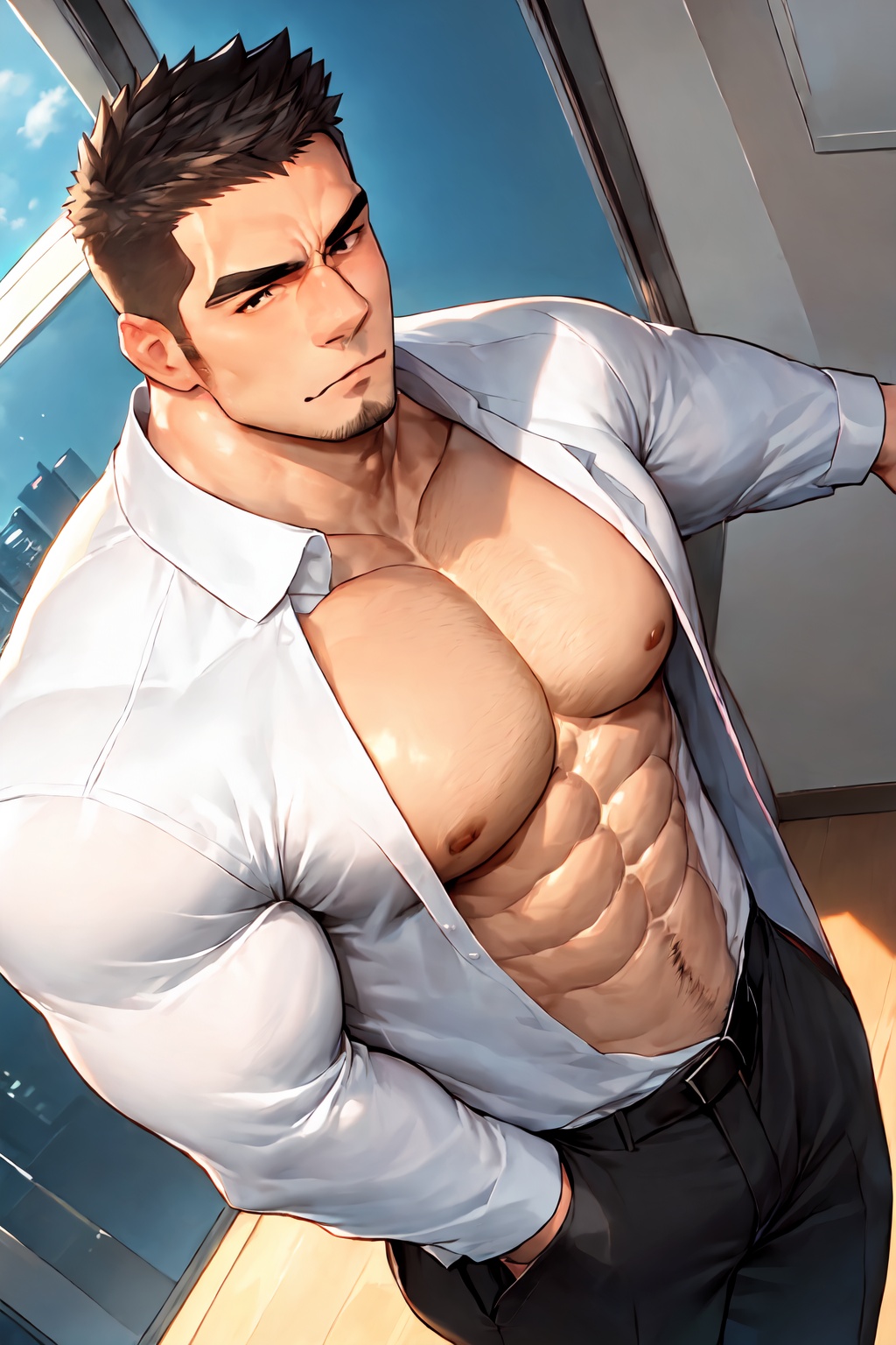 pectorals,solo,bara,male focus,large pectorals,necktie,muscular male,1boy,muscular,facial hair,blush,between pectorals,salaryman,shirt,short hair,black hair,thick eyebrows,pants,looking at viewer,formal,jacket,stubble,open clothes,belt,suit,sideburns,mature male,black pants,cityscape,white shirt,window,bare pectorals,open shirt,collared shirt,goatee,<lora:lora-000004.by_tusi:1>,